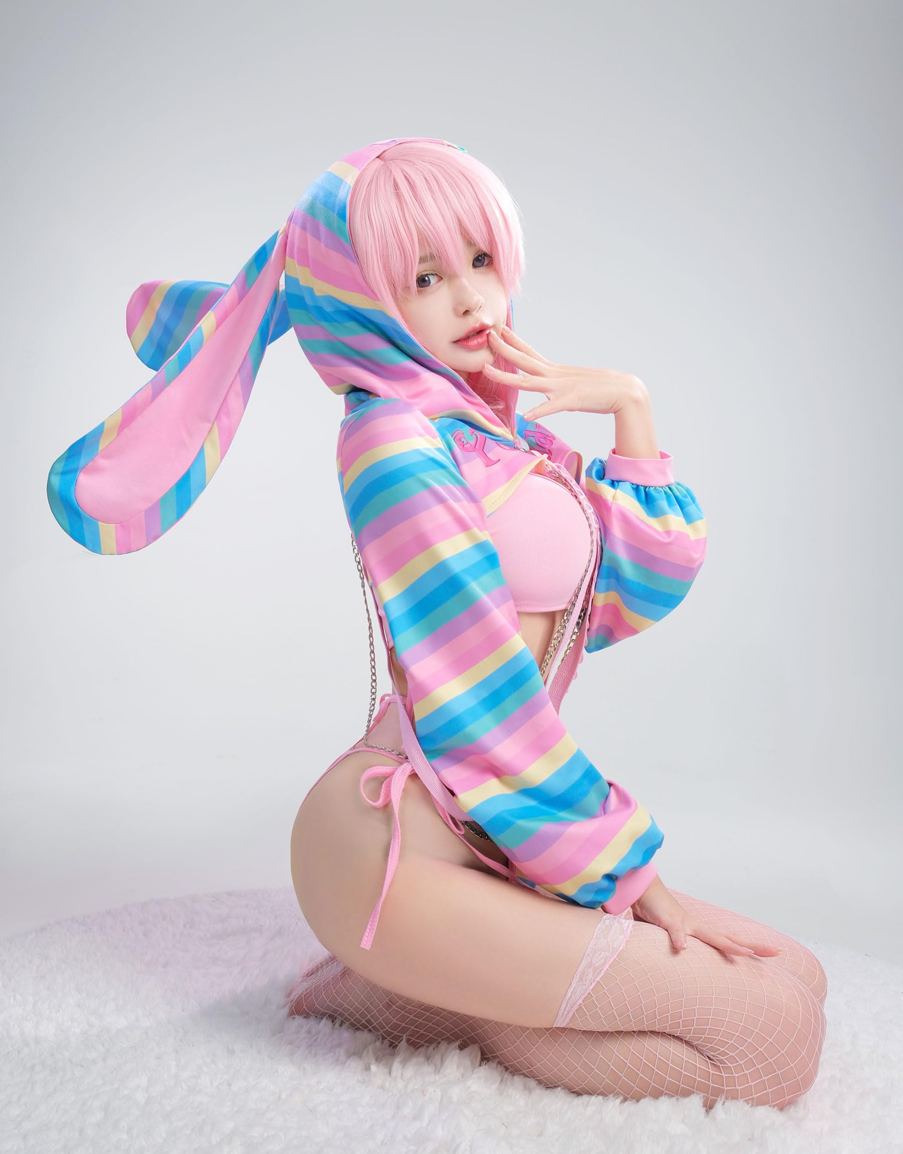MEOWCOS Bunny Suit Lingerie Set Rainbow Long Sleeve Top and Vest Panty Set with Fishnet Stockings and Chains