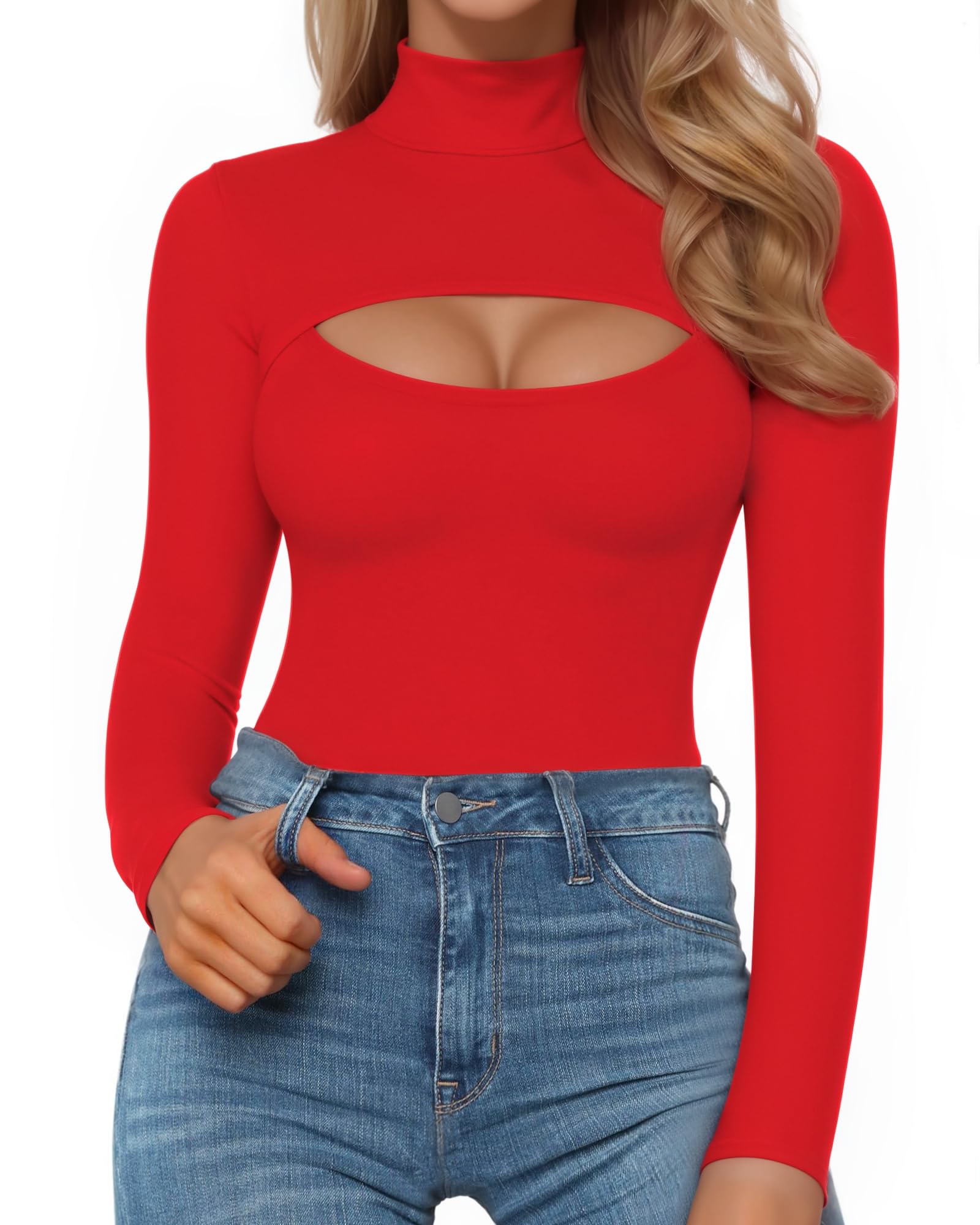 MANGOPOP Women's Mock Neck Cutout Front Bodysuit Long Sleeve Sleeveless Turtle Neck Body Suits Sexy Tops: Fleece Lined Medium Red Fleece Lined
