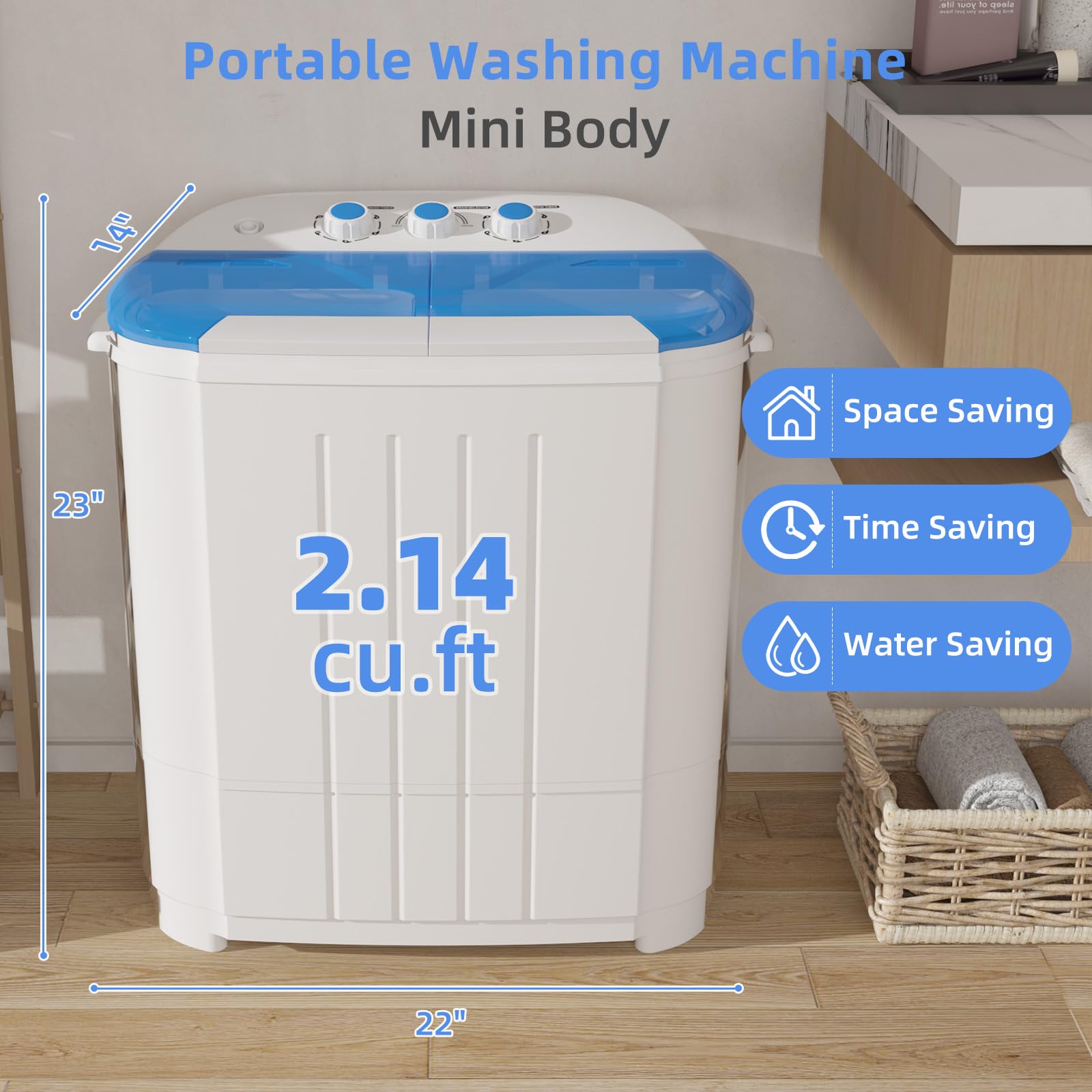 VCJ Portable Washing Machine, Twin Tub Washing Machine Laundry Compact Washer spinner Combo with 20lbs capacity, 12Lbs Washer and 8Lbs Spinner dryer for Apartments RVs and Dorms: 14lbs Capacity