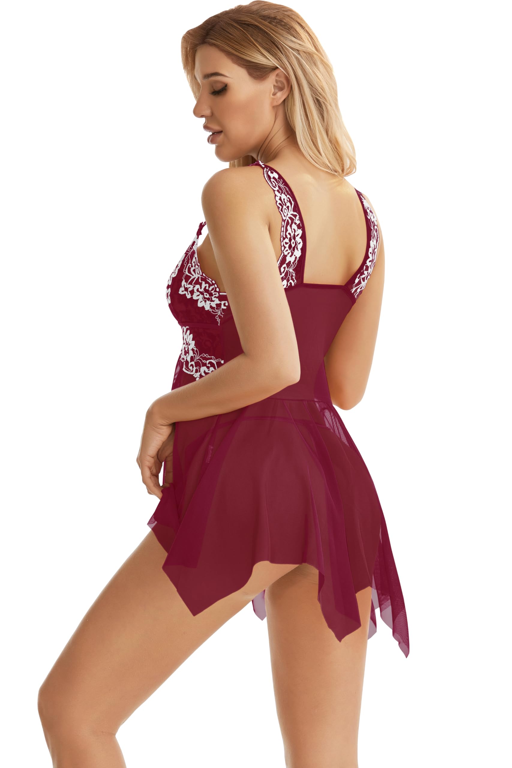 ADOREJOY Lingerie for Women Front Closure Babydoll Lace Chemise V Neck Mesh Sleepwear