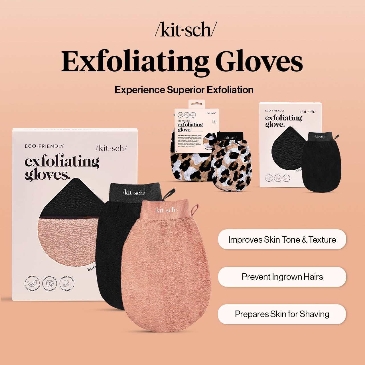 Kitsch Deep Exfoliating Glove, Eco Friendly Exfoliating Body Scrubber, Dead Skin Remover and Body Scrub Mitt for Skin Cell Renewal, for Shower and Bath, Black & Terracotta - 2pcs