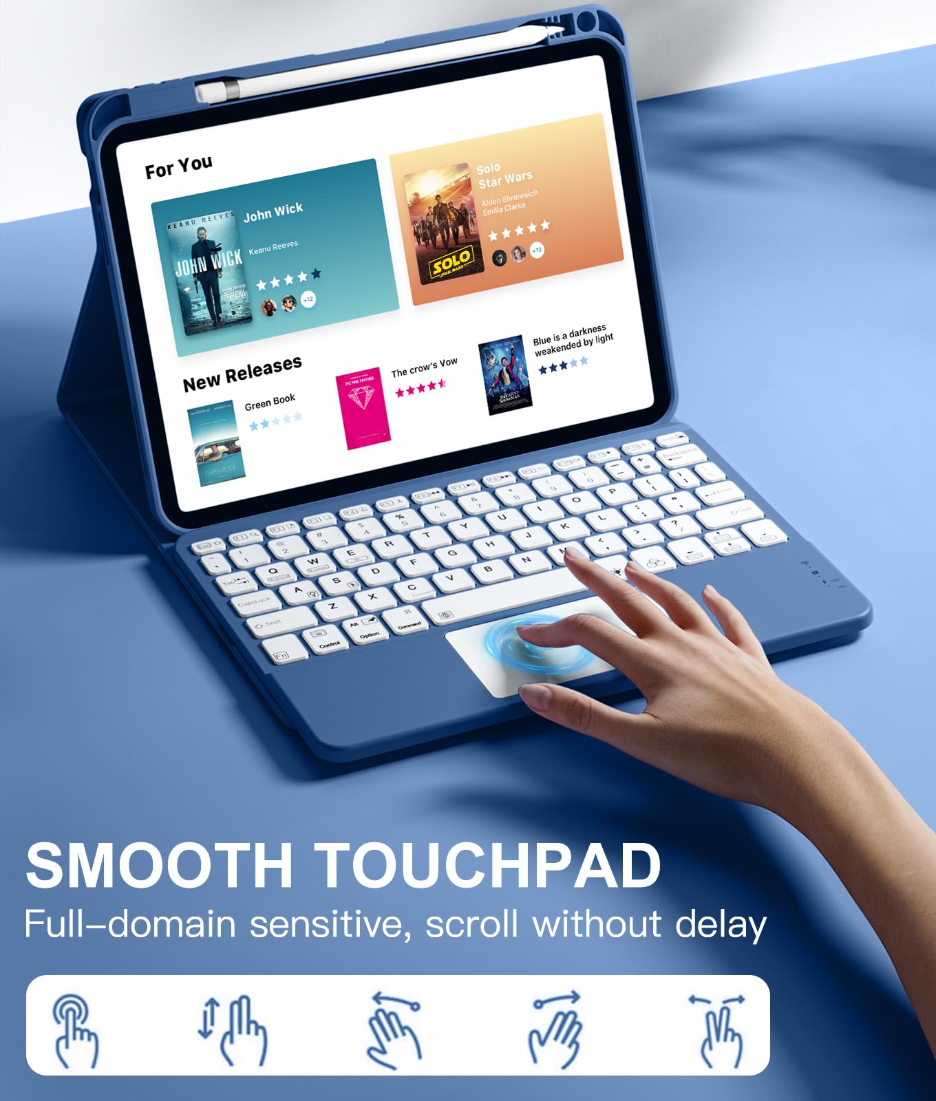 Harvopu Compatible for iPad 11th 10th Generation Case with Keyboard, Folio Cover with Pencil Holder, Multi-Touch Trackpad, 7 Color Backlit, Detachable Keyboard for iPad (A16) 11th/10th Gen (Navy Blue)