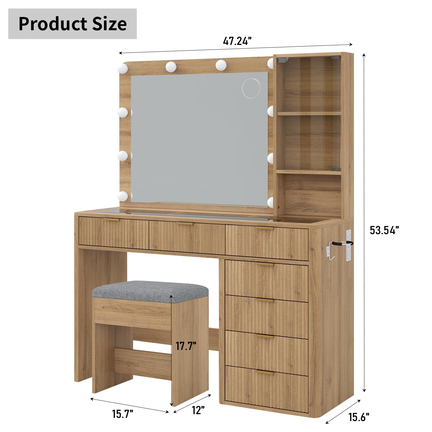 Yanosaku 7 Drawers Fluted Vanity Desk with Charging Station, 47'' W Makeup Vanity with LED Lights and HD Mirror, 3 Lighting Modes Adjustable, Glass Top, Vanity Set for Bedroom, Natural: 7 Drawers Natural