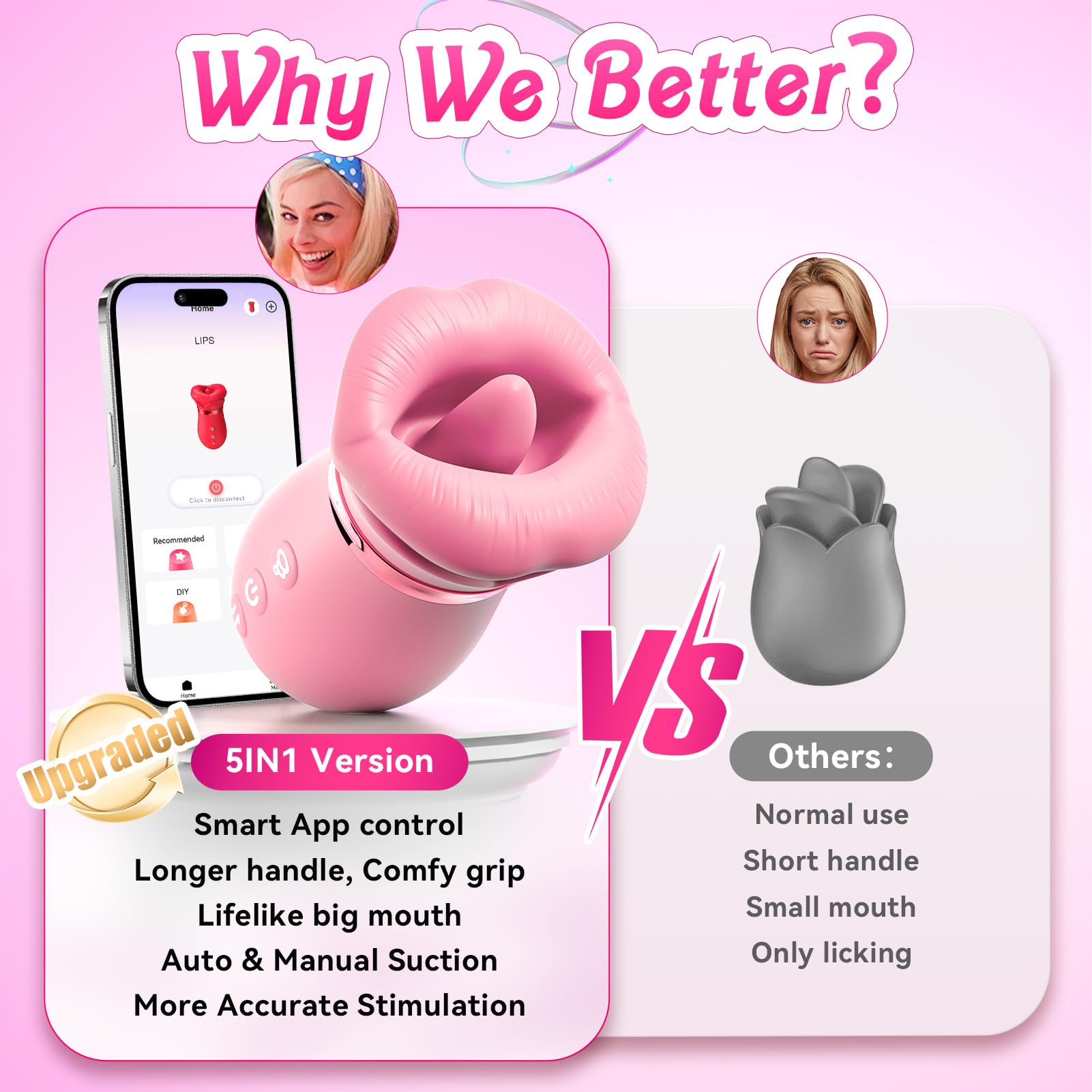 Vibrator Adult Sex Toys for Women - Sovokn 5IN1 Mouth Sucking Vibrator Rose Sex Toy, 10 Tongue Licking, 3 Auto & 1 Manual Sucking Adult Toys New APP, Clit Nipple Vibrator Female Couple Sex Toys,: Pink