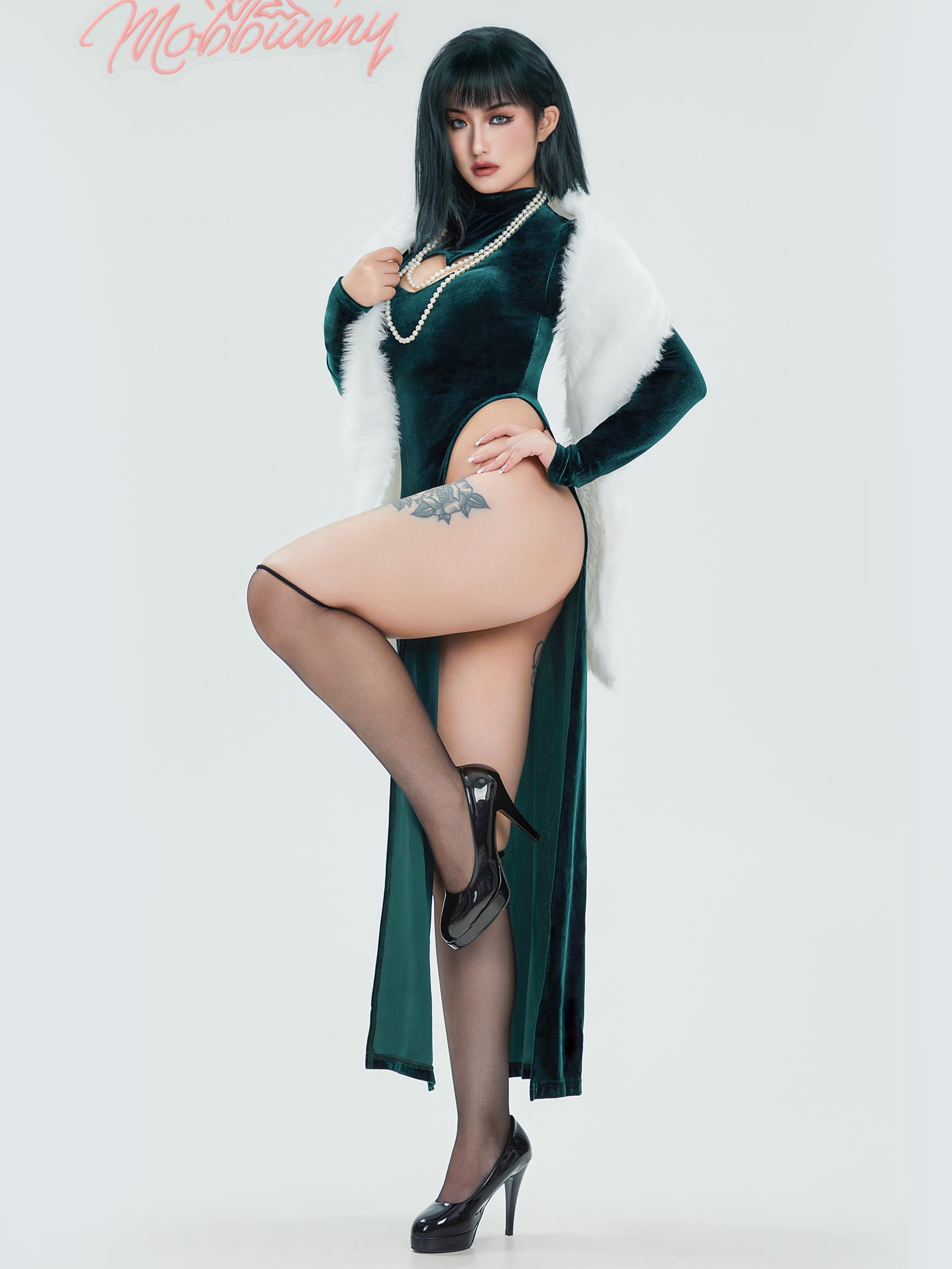 Mobbunny Anime Cosplay Dress Cutout Bodycon Velvet Dress High Slit Dress and Shawl with Stockings and Necklace: Medium