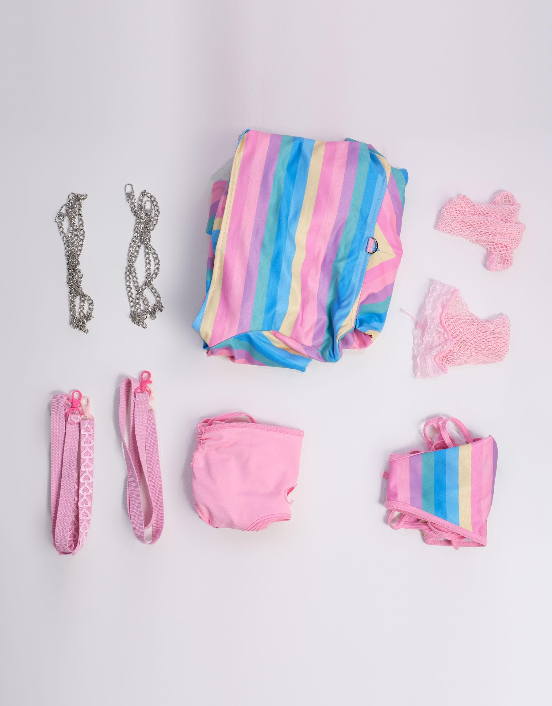 MEOWCOS Bunny Suit Lingerie Set Rainbow Long Sleeve Top and Vest Panty Set with Fishnet Stockings and Chains