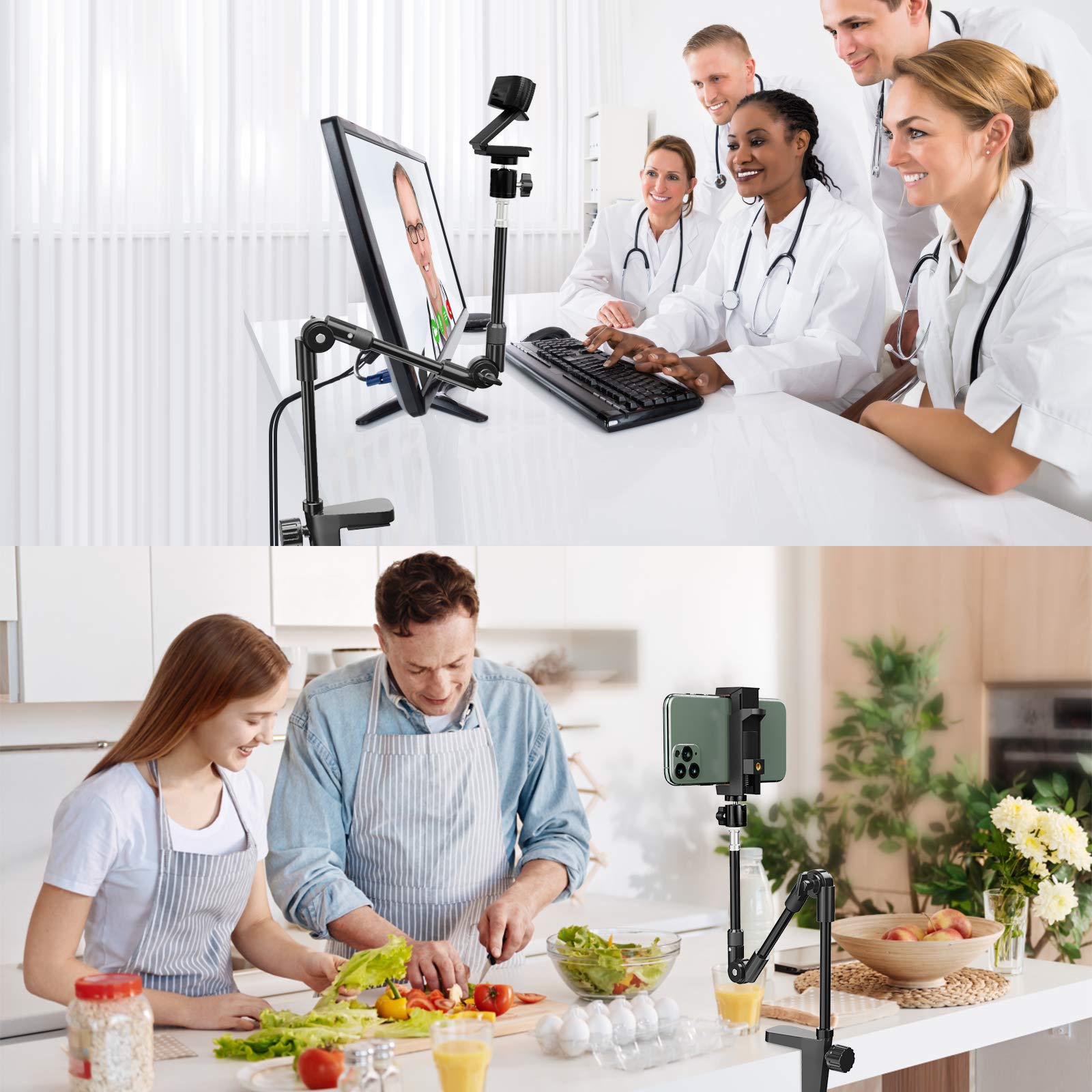 Webcam Stand Camera Mount with Phone Holder & 5/8" Screw, 22in Flexible Projector Stand Gooseneck Desk Mic Stand for Logitech C922 C930e C920 C615 C960 Brio 4K, GoPro, Blue Yeti Snowball Ice