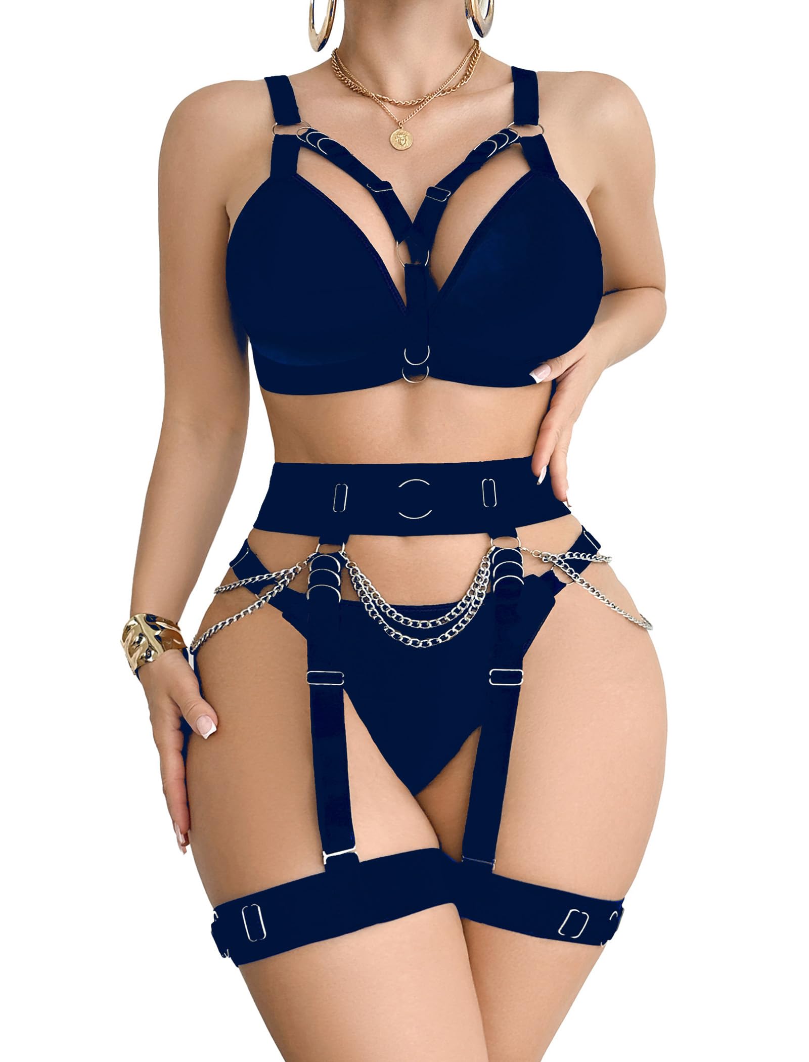 Alrovetoney Sexy Lingerie Set For Women With Garter Belt 5 Pieces Strappy Bra and Panty Set Adjustable With Chain: Small Navy Blue