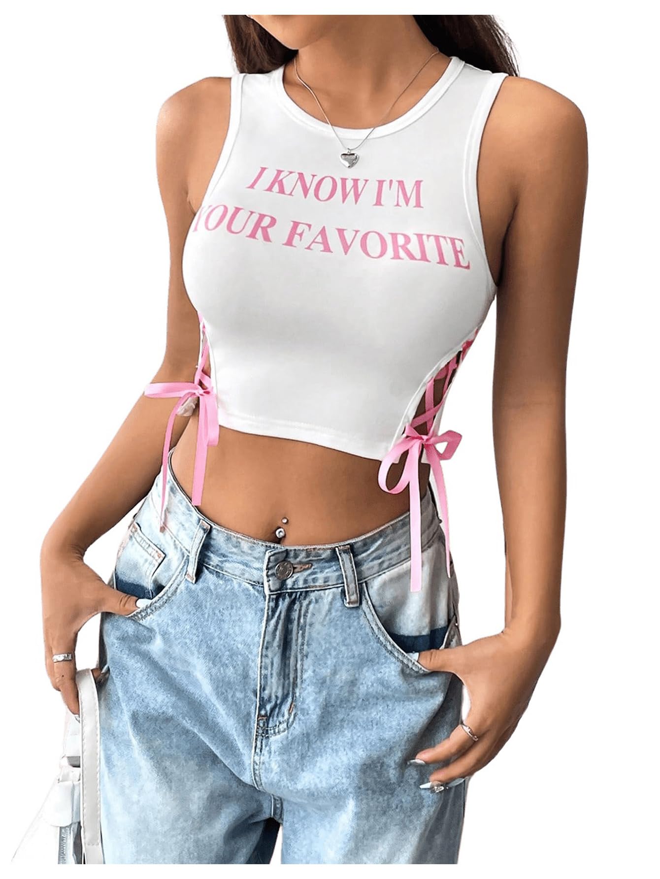 SHENHE Women's Letter Print Lace Up Round Neck Slim Fit Crop Going Out Tank Tops