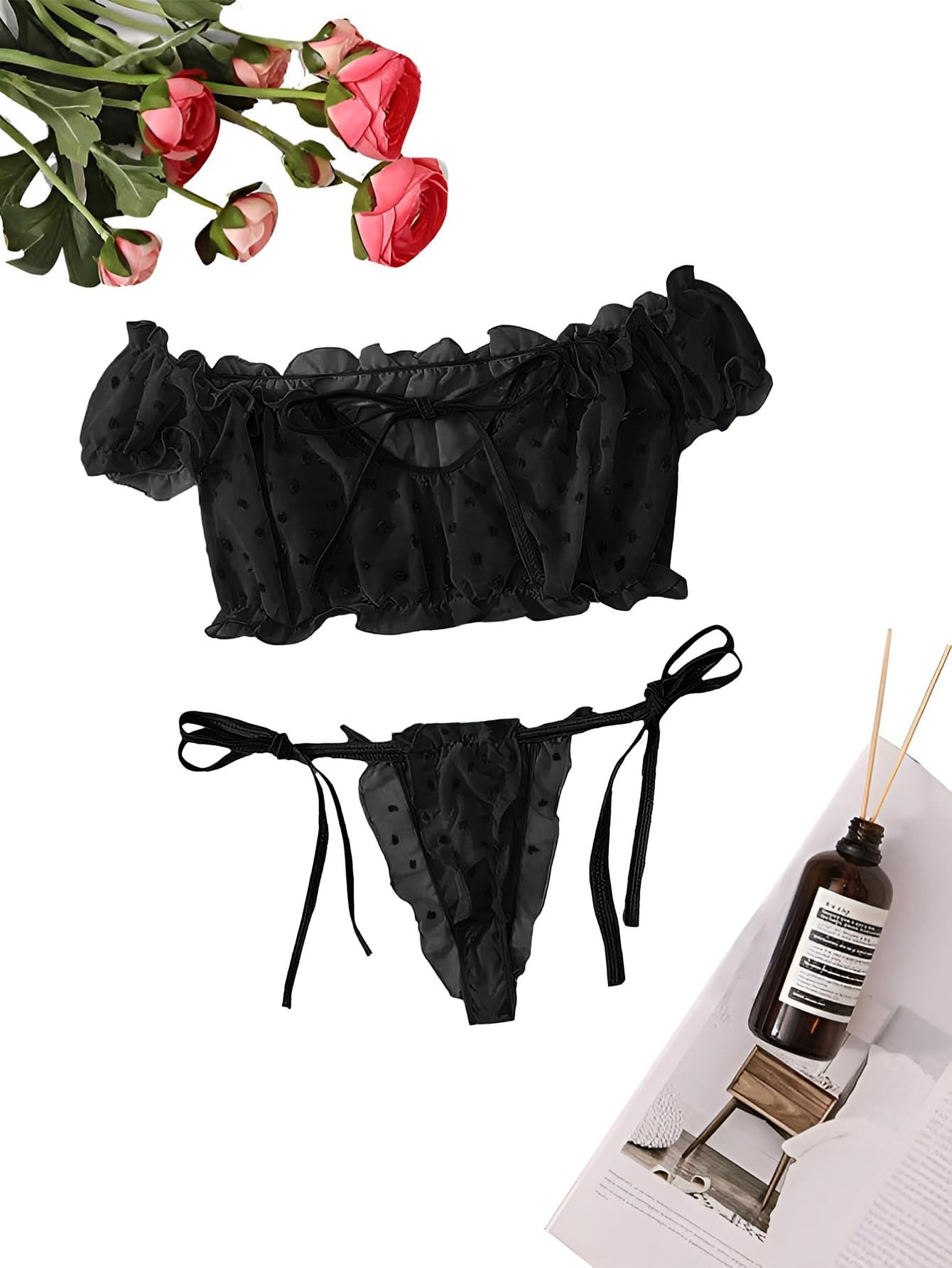 Lilosy Sexy Stretch Ruffle Tie Sheer Mesh Lingerie Set Outfits: Chiffon Medium Chiffon Black