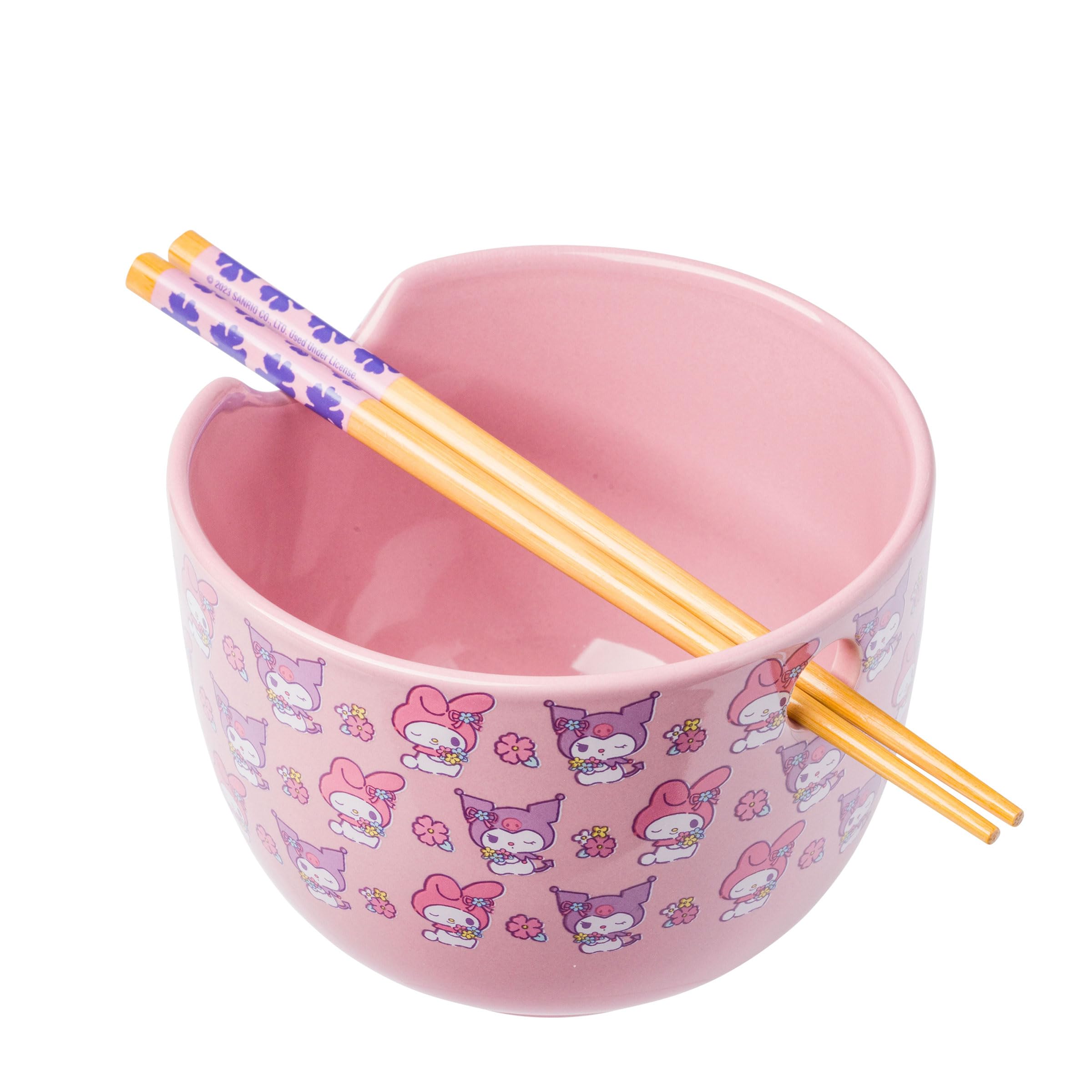 Silver Buffalo Sanrio Hello Kitty and Friends My Melody and Kuromi Pastel Flowers Ceramic Ramen Noodle Rice Bowl with Chopsticks, Microwave Safe, 20 Ounces