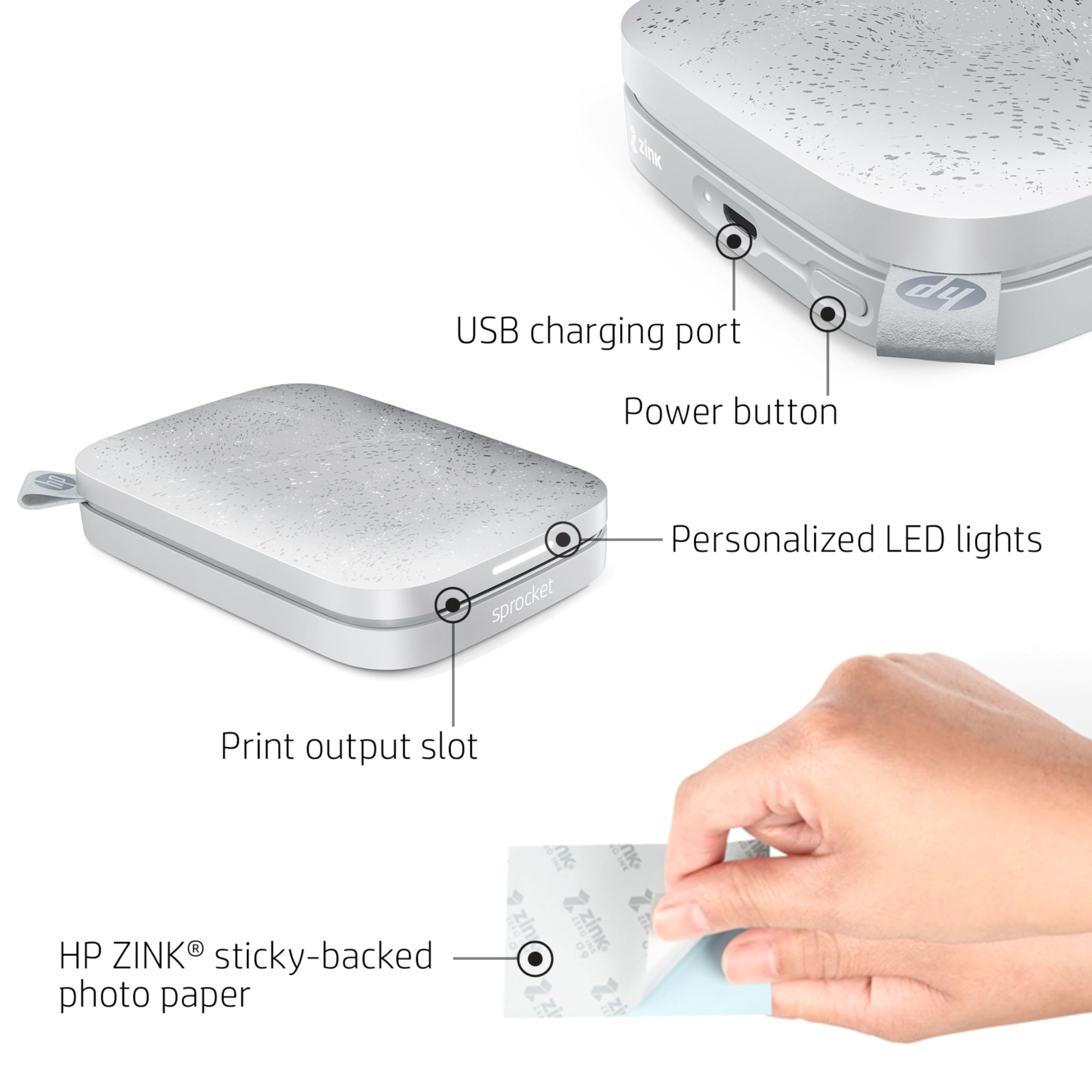 HP Sprocket 2x3" Instant Smartphone Photo Printer - Portable Color Wireless Mobile Printer - Zink Sticky-Back Photos - Print from Compatible iOS & Android Devices with Bluetooth w/Fun App - Luna Pearl: Luna Pearl Printer