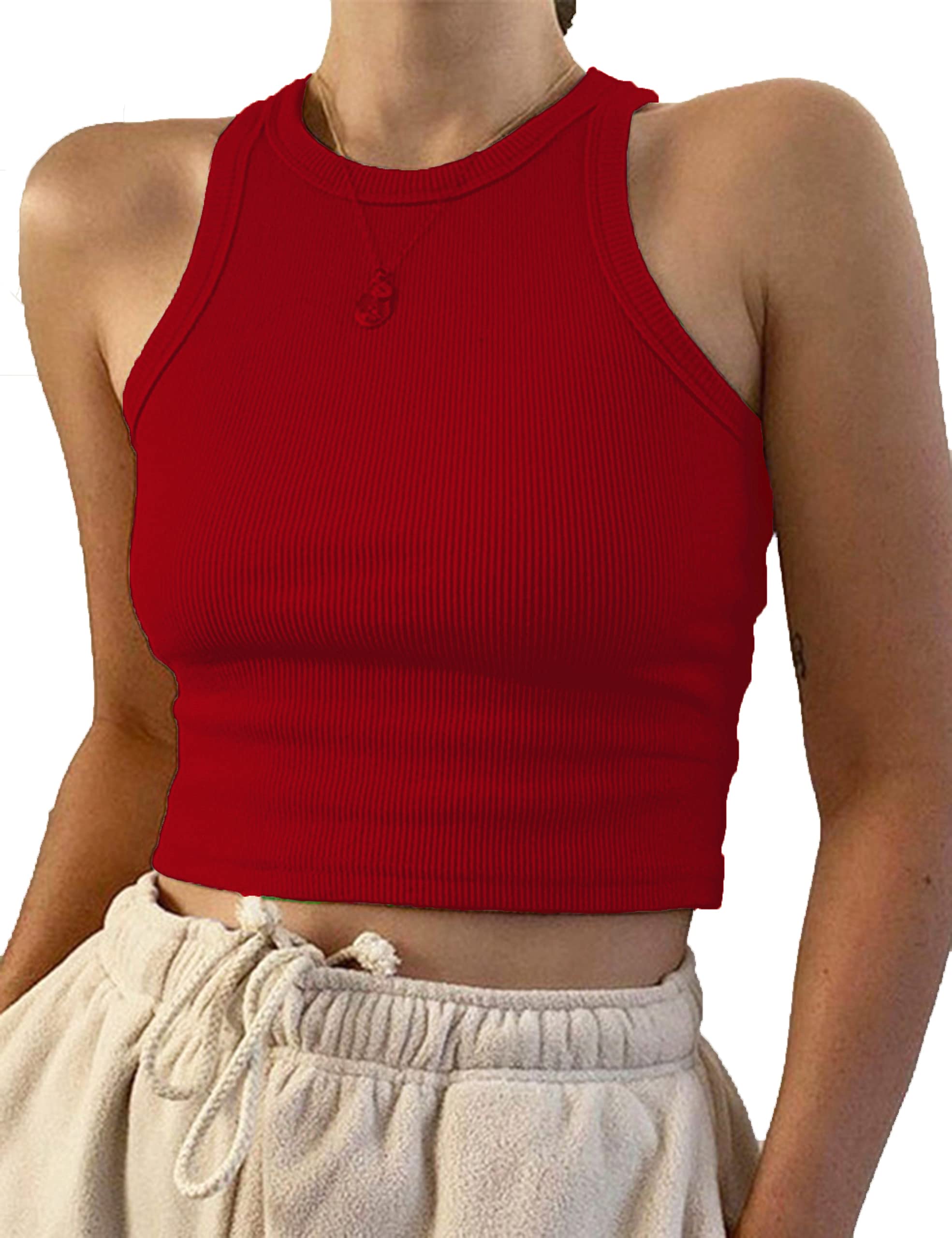 KAMISSY Cotton Rib-Knit Racerback Basic Tank Tops for Women Girls Sleeveless Vest Binding Y2k Crop Tank Top