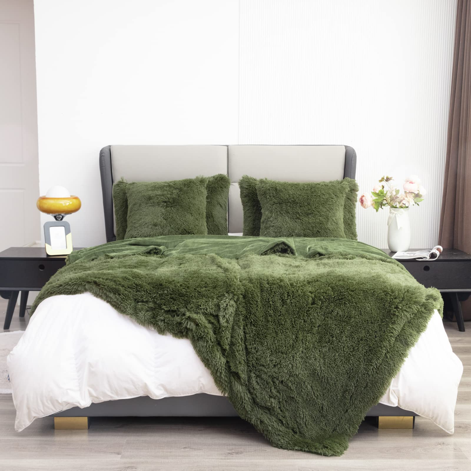 YUSOKI Olive Green Faux Fur Throw Blanket,2 Layers,50" x 60" Cozy Plush Fluffy Blanket Furry Fuzzy Warm Cute Shaggy Blanket for Fall Bed Living Room Décor Baby Women Pet: Queen90" x 90" Olive Green