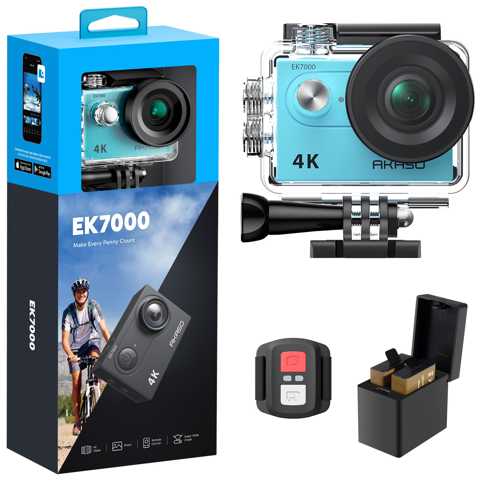 AKASO EK7000 4K30FPS 20MP WiFi Action Camera with EIS Ultra HD 131FT Waterproof Underwater Camera Remote Control 4X Zoom Support External Microphone: Blue
