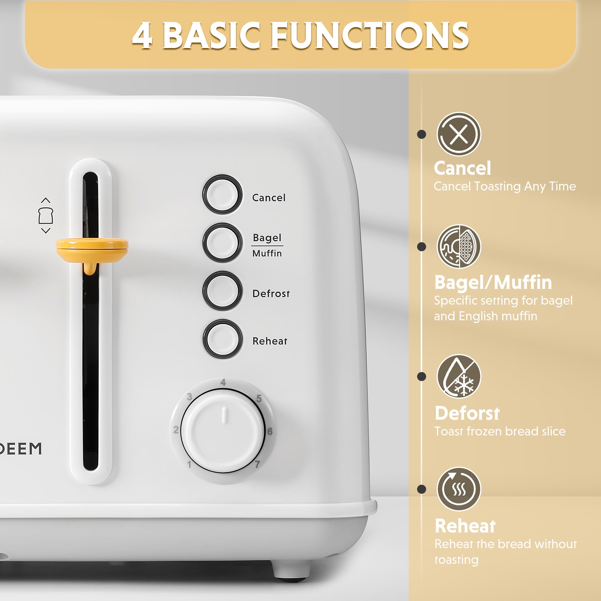 BUYDEEM DT640 4-Slice Toaster, Extra Wide Slots, Retro Stainless Steel with High Lift Lever, Bagel and Muffin Function, Removal Crumb Tray, 7-Shade Settings,Mellow Yellow