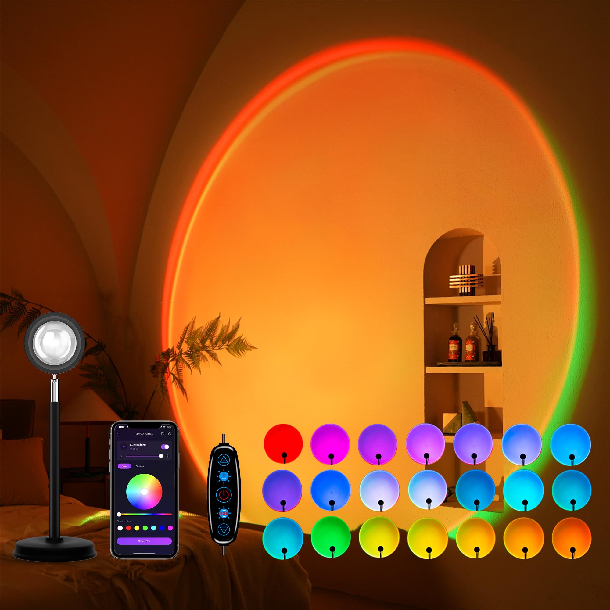 Tsrarey Sunset Lamp Projector with Remote Control, Multiple Colors LED APP Control Sunset Light Three Control Methods Night Light for Room Decor/Christmas Gifts/Photography/Party/Bedroom Decor: Multicolor