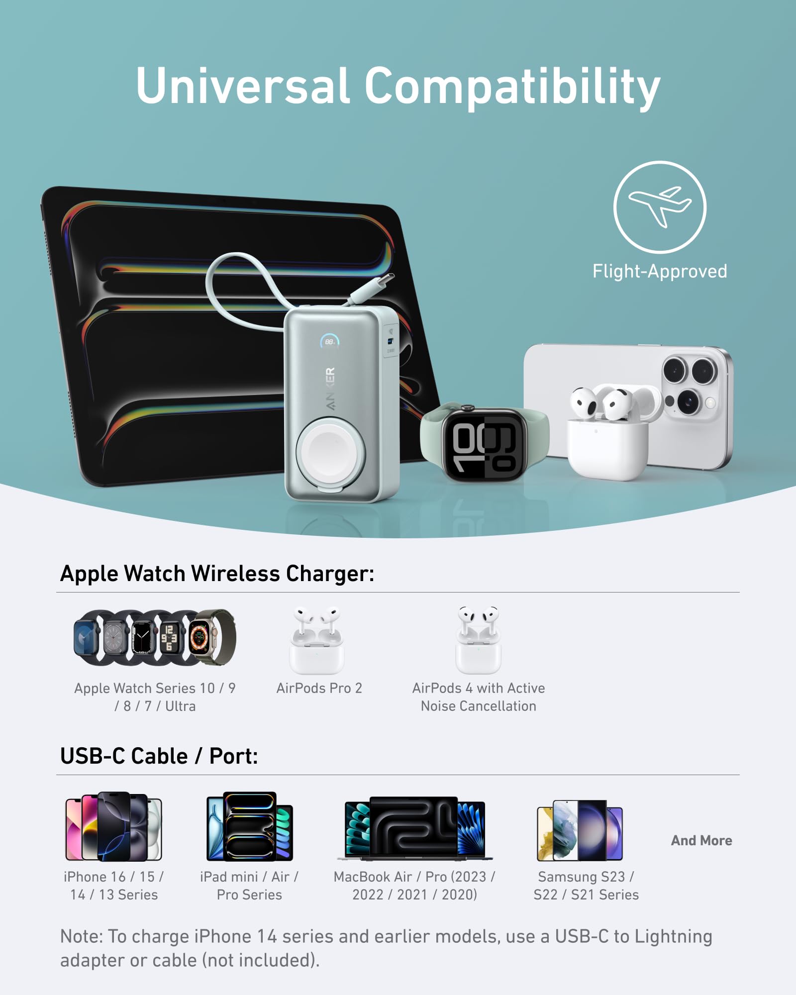 Anker MagGo Power Bank for Apple Watch, Officially Certified 10,000mAh Compact Battery Pack with Built-in USB-C Cable, 35W Max, for iPhone 15 Series, Samsung, iPad, AirPods, and More(Pink)