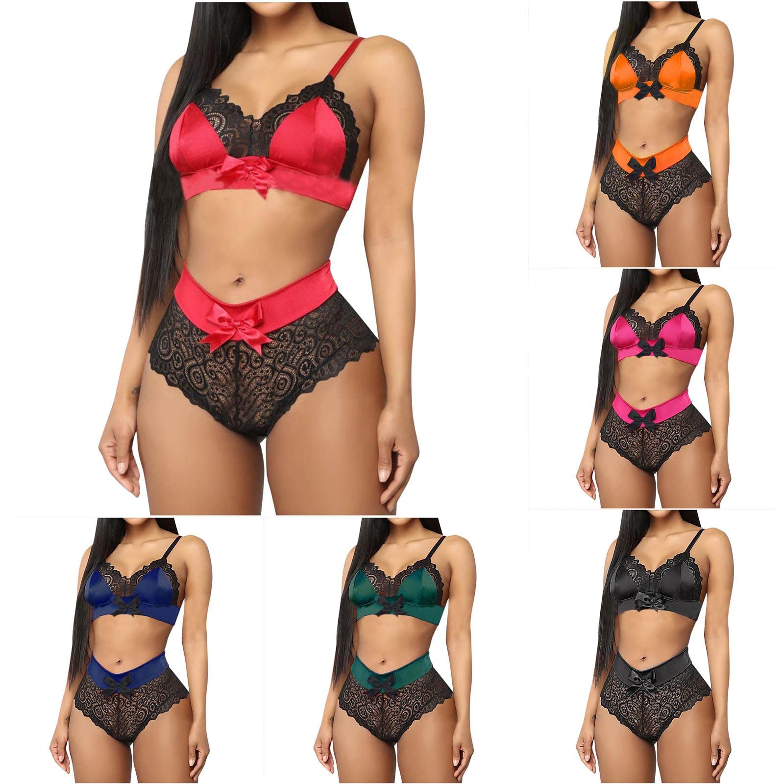 maisdgop Women Lingerie Bodysuit Sexy Mesh See Through Pajama Set Fashion Erotic Bra Panties Outfits Casual Homewear Sets: Medium 03 Orange
