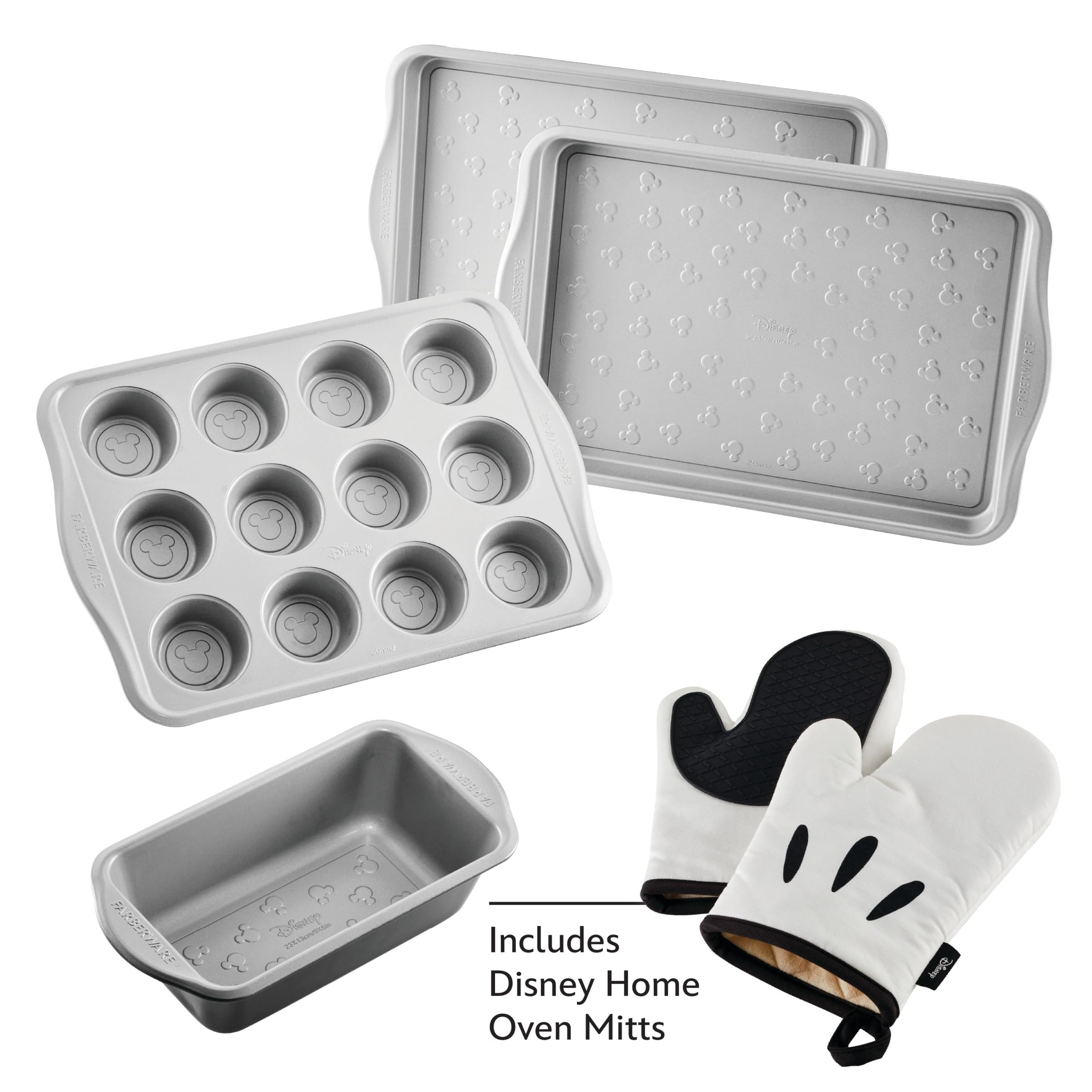 Farberware Disney Bake with Mickey Mouse Nonstick Bakeware Set/Baking Pans with Disney Home Oven Mitts, Cookie Pans, Muffin/Cupcake and Loaf Pan, 6 Piece - Black