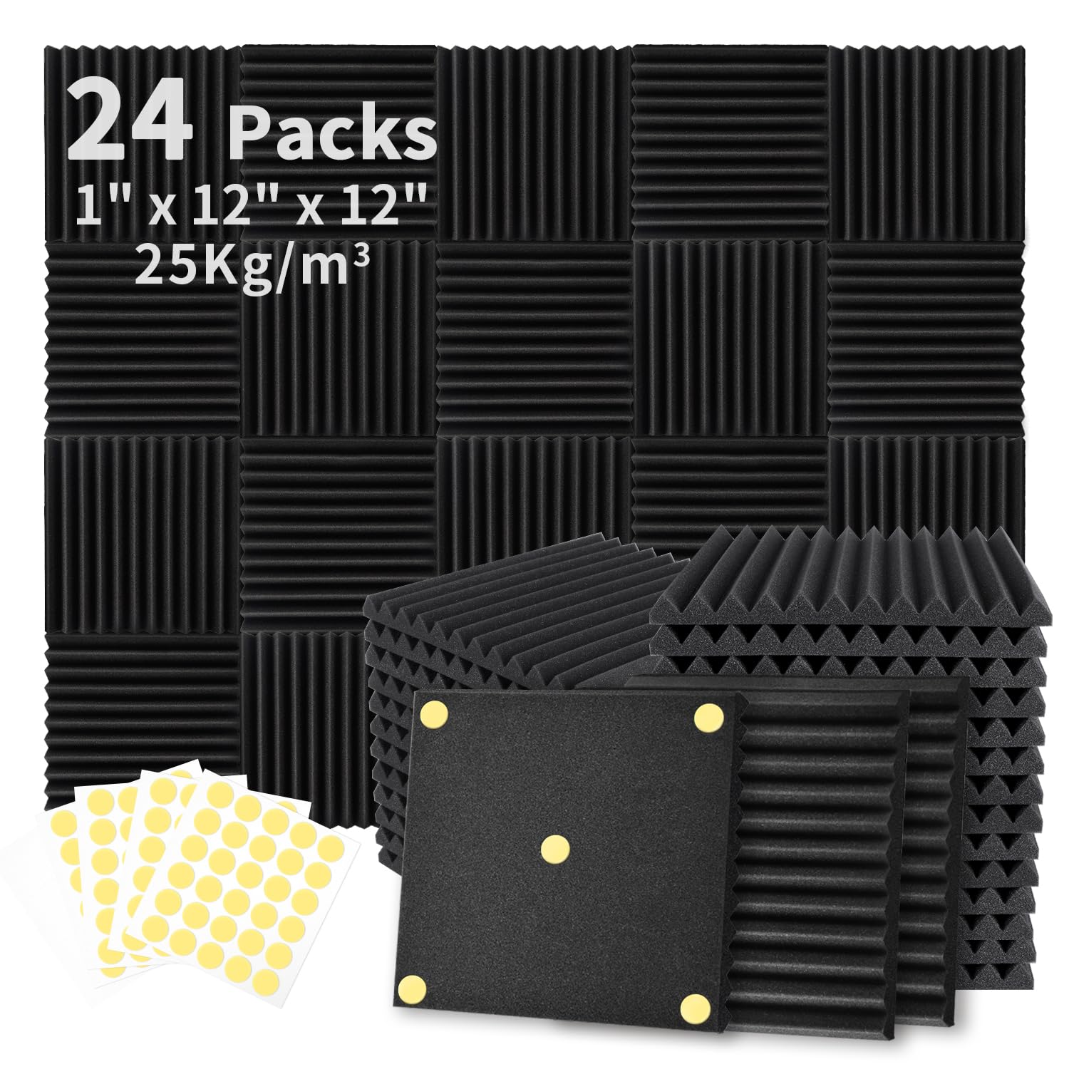 Focusound  Acoustic Foam Panels 1" x 12" x 12" Sound Proof Foam Panles Soundproofing Noise Cancelling Wedge Panels for Home Office Recoding Studio with 300PCS Double-Side Adhesive: 24 Pack