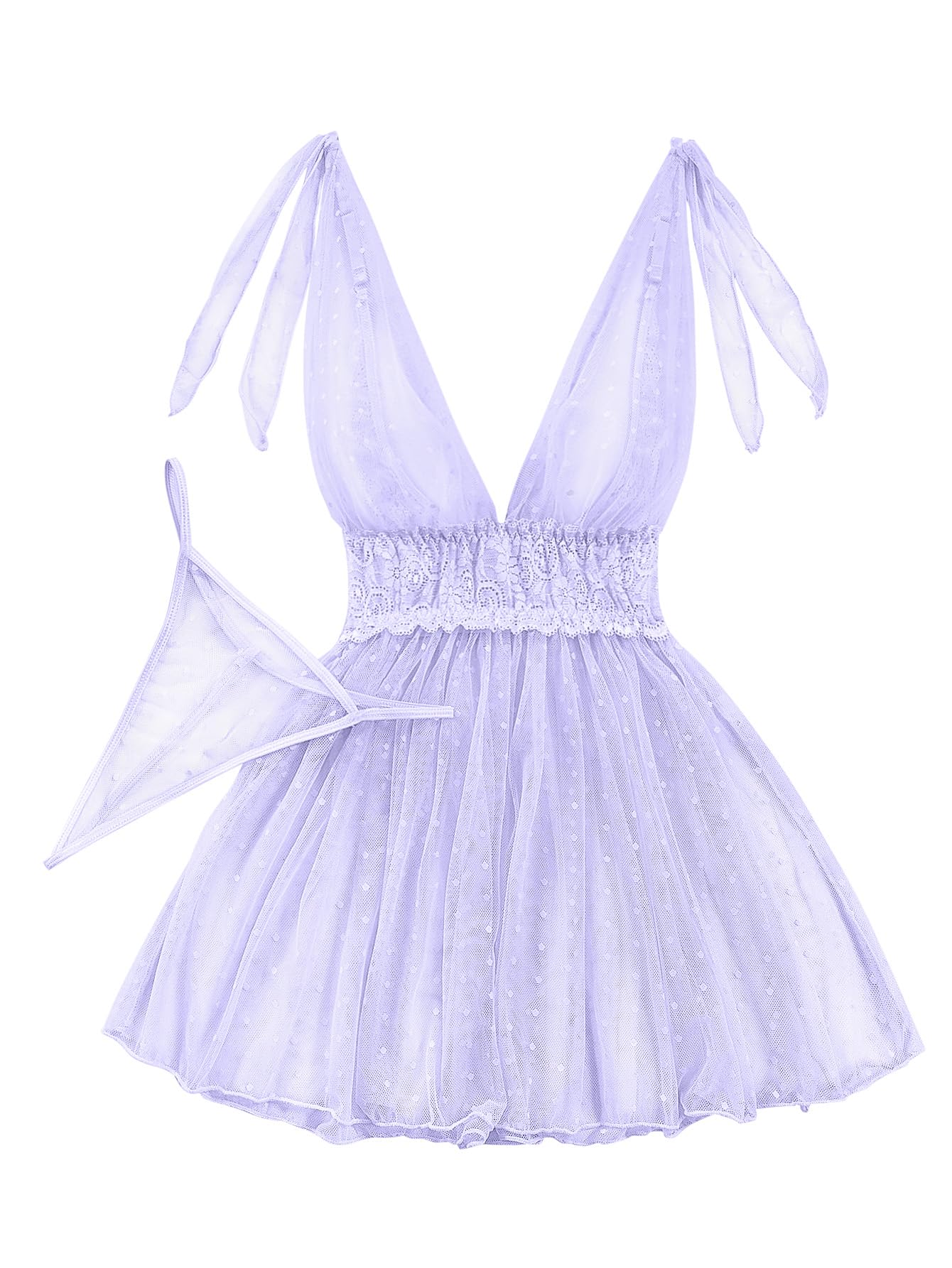 Lilosy Sexy Polka Dots Mesh Sheer Lace Babydoll Chemise Lingerie Set Floral Lace Sleep Wear: Large Light Purple