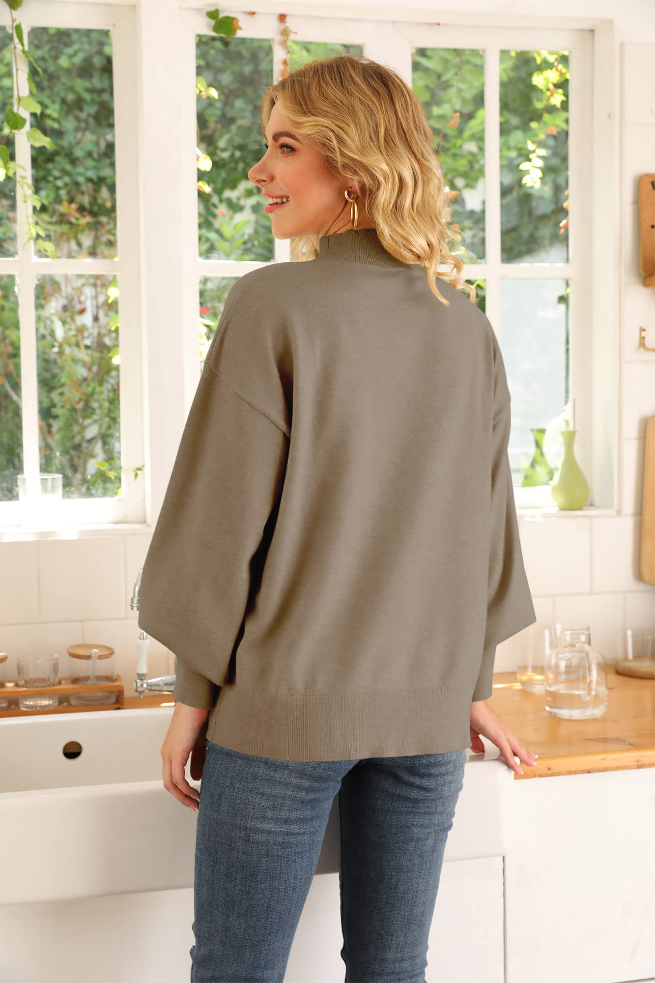 WEACZZY Women's Casual Mock Neck Long Lantern Sleeve Sweaters 2025 Fall Oversized Ribbed Knit Pullover Sweater Tops