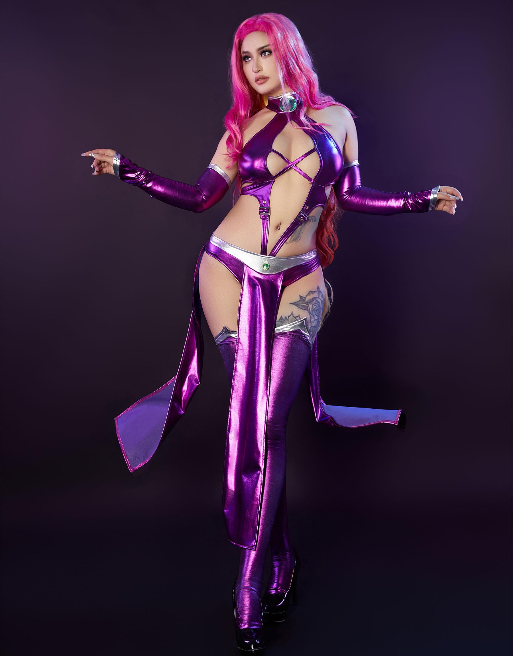 Mobbunny Movie Cosplay Costume for Women Purple Bodycon Outfit Halter Cutout Bodysuit with Gloves Stockings: Medium Purple