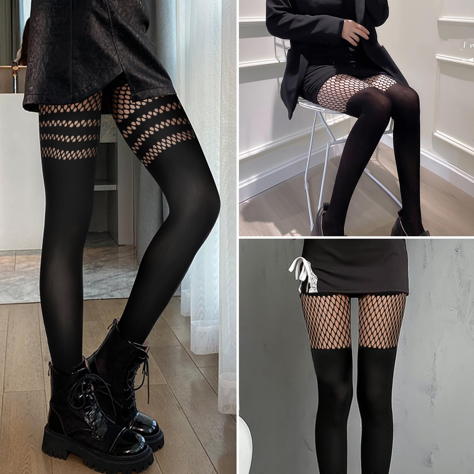MANZI Womens Faux Thigh High Fishnet Stockings Stitching Opaque Pantyhose Mock Over the Knee Goth Striped Suspender Tights: MANZI Womens Faux Thigh High Fishnet Stockings Stitching Opaque Pantyhose Mock Over the Knee Goth Striped Suspender Tights