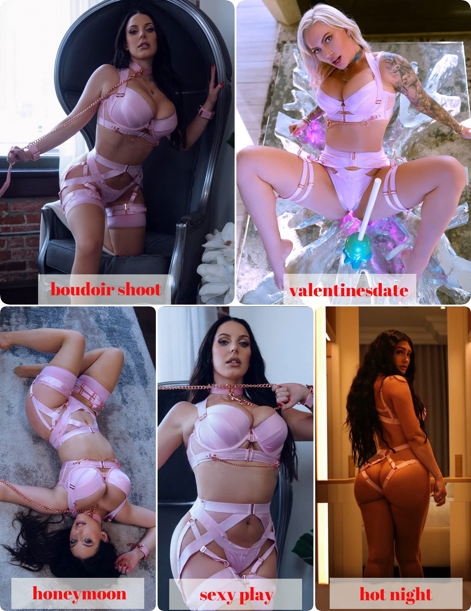 Avidlove Lingerie Set for Women Sexy Strappy Lingerie Underwire Push Up Bra Garter Set Lingerie with Chain: X-Large Pink