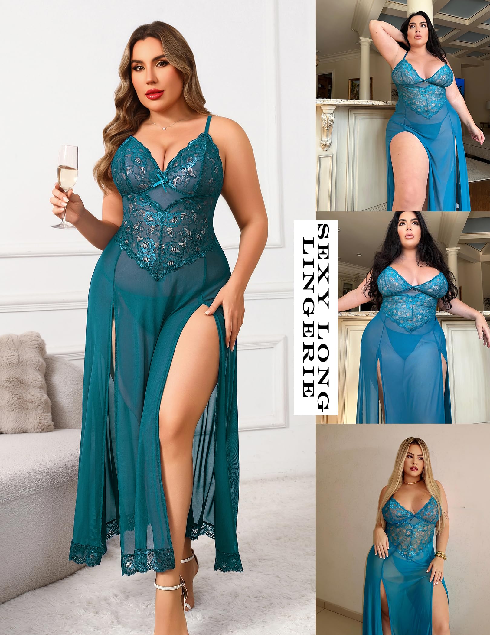 Avidlove Plus Size Lingerie for Women Sexy Lace Babydoll Long Lingerie Dress Side Split Nightgown: Blue Green X-Large