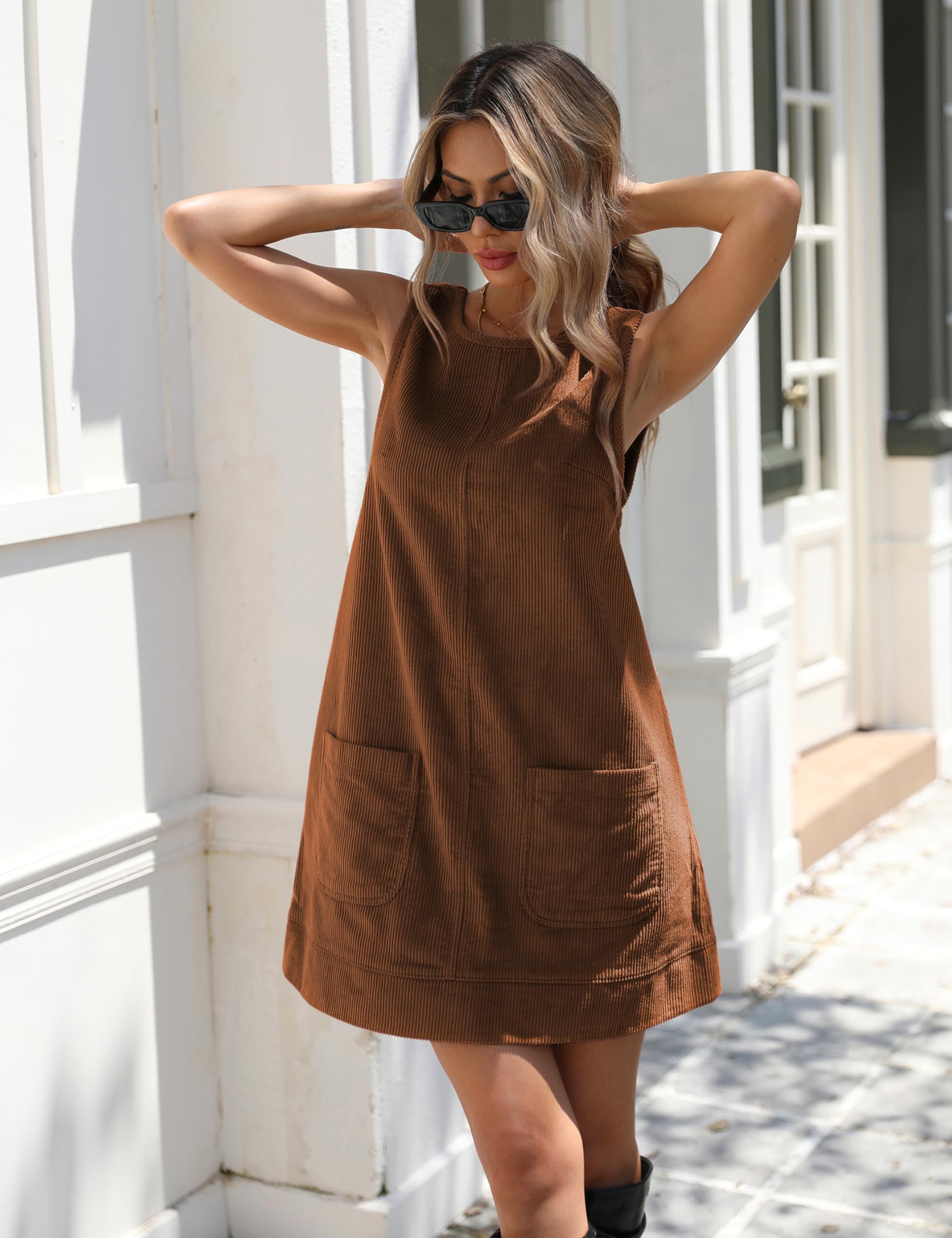 Hooever Women's Corduroy Overall Dress Round Neck A Line Skirtall Jumper Mini Dress Pinafore with Pockets