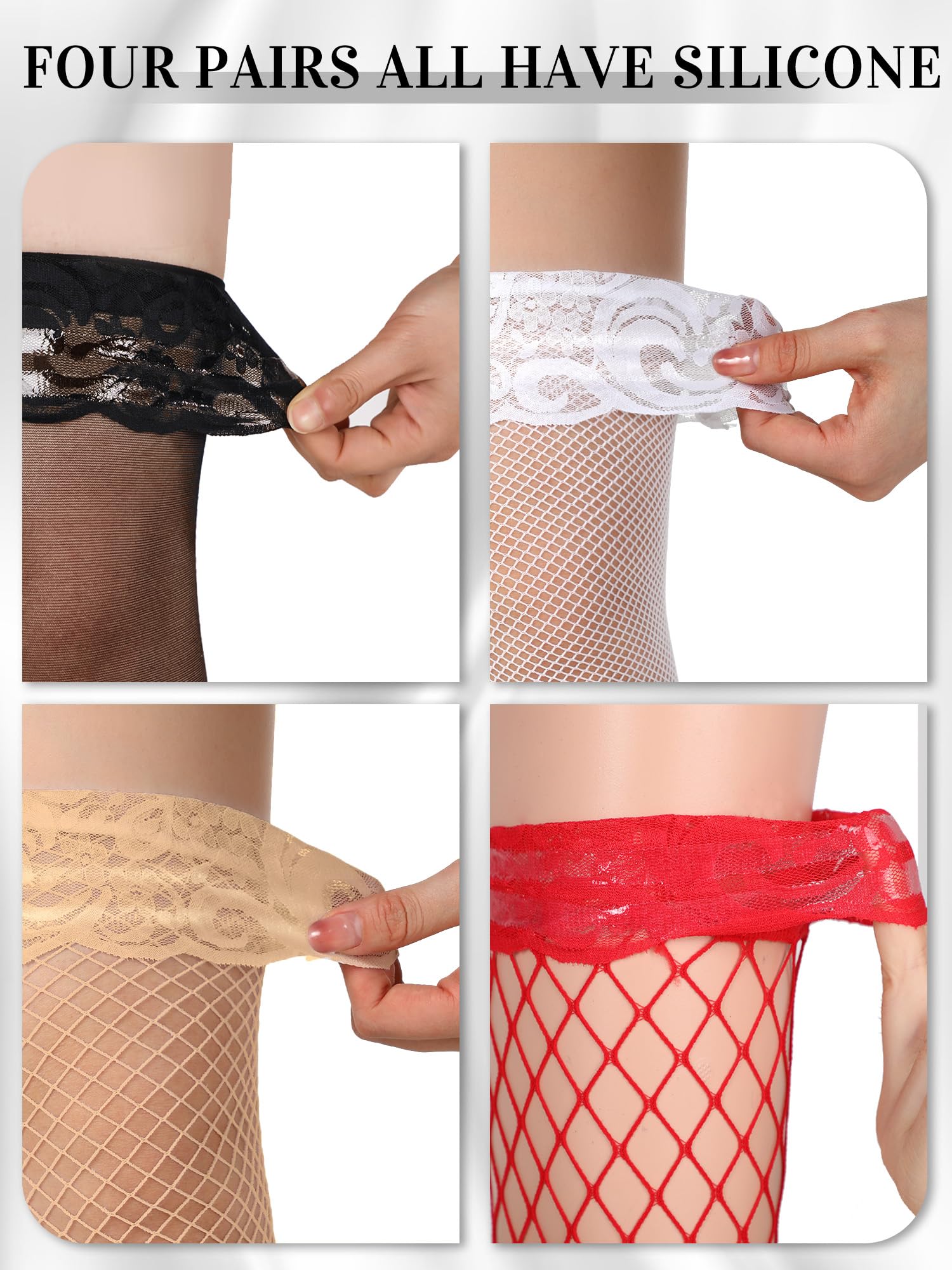 Bencailor 4 Pairs Fishnet Thigh High Stocking for Women Silicone Lace Top Sheer Over Knee Silky Stockings: White, Skin, Red, Black Medium