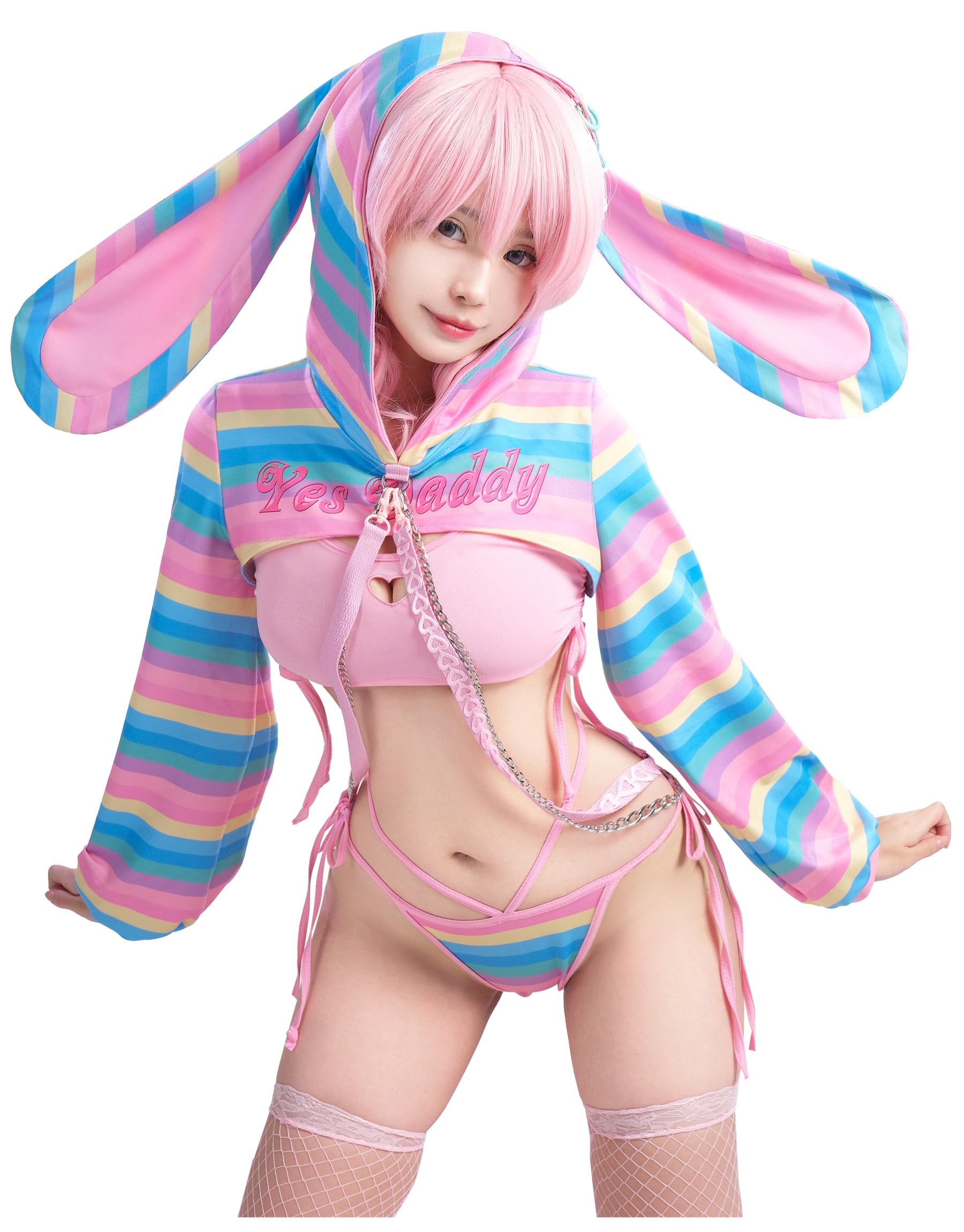 MEOWCOS Bunny Suit Lingerie Set Rainbow Long Sleeve Top and Vest Panty Set with Fishnet Stockings and Chains