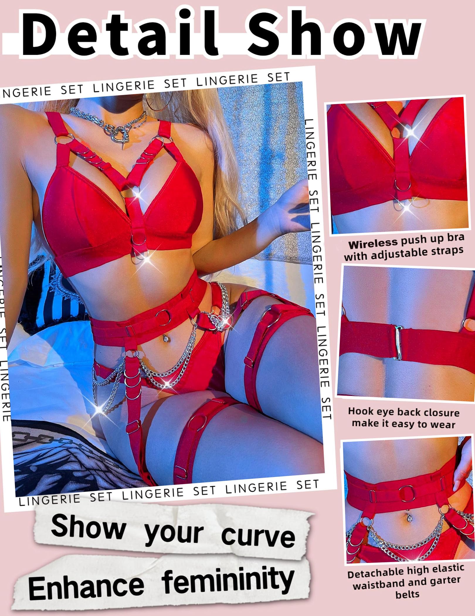 Sexy Lingerie Set For Women With Garter Belt 5 Pieces Strappy Bra and Panty Set Adjustable With Chain: Small Red
