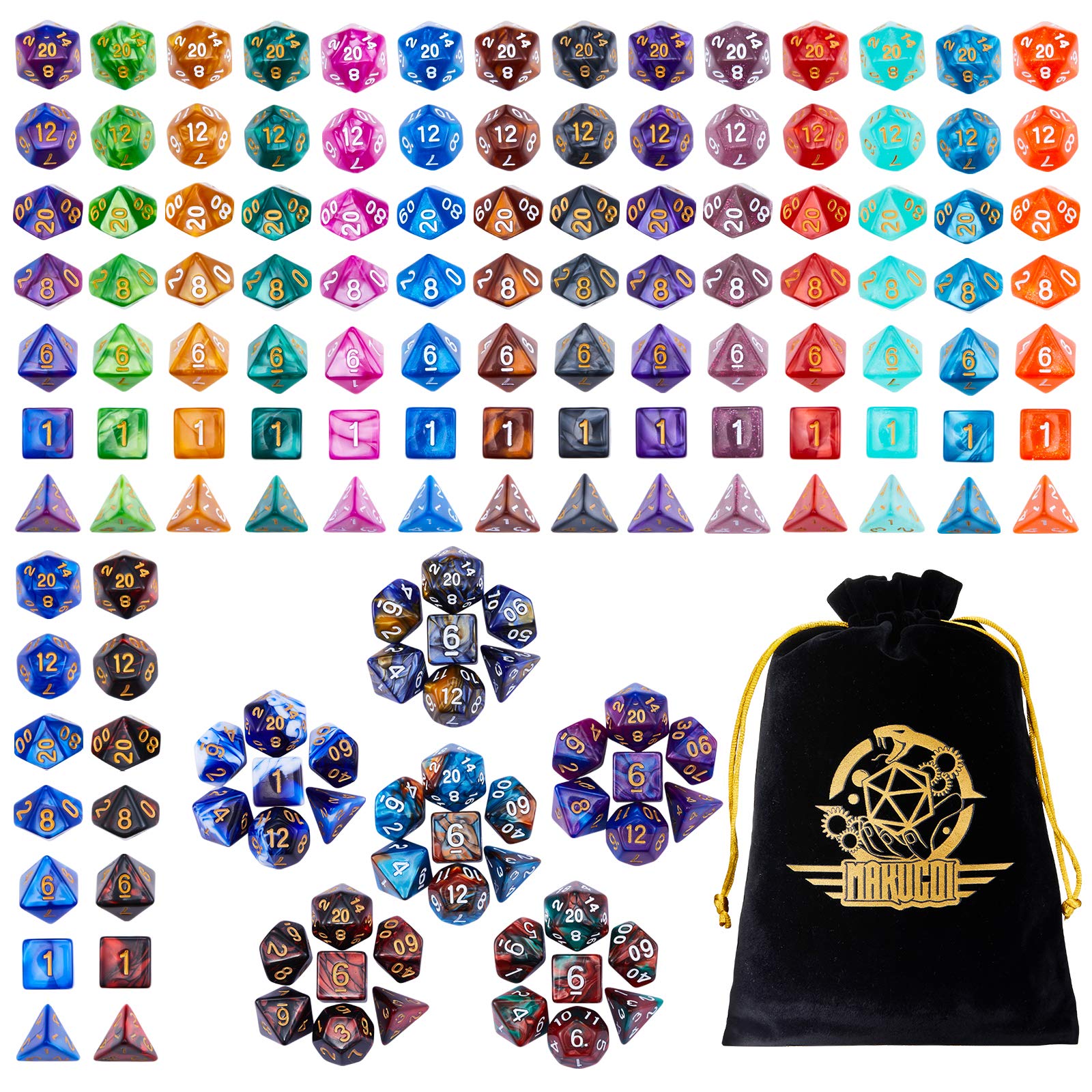 Surhugvy DND Dice Set, 7 X 7 (49 Pieces) Polyhedral Dice Set for Dungeons and Dragons DND RPG MTG Table Games with 7 Pack Black Bags: 140pcs
