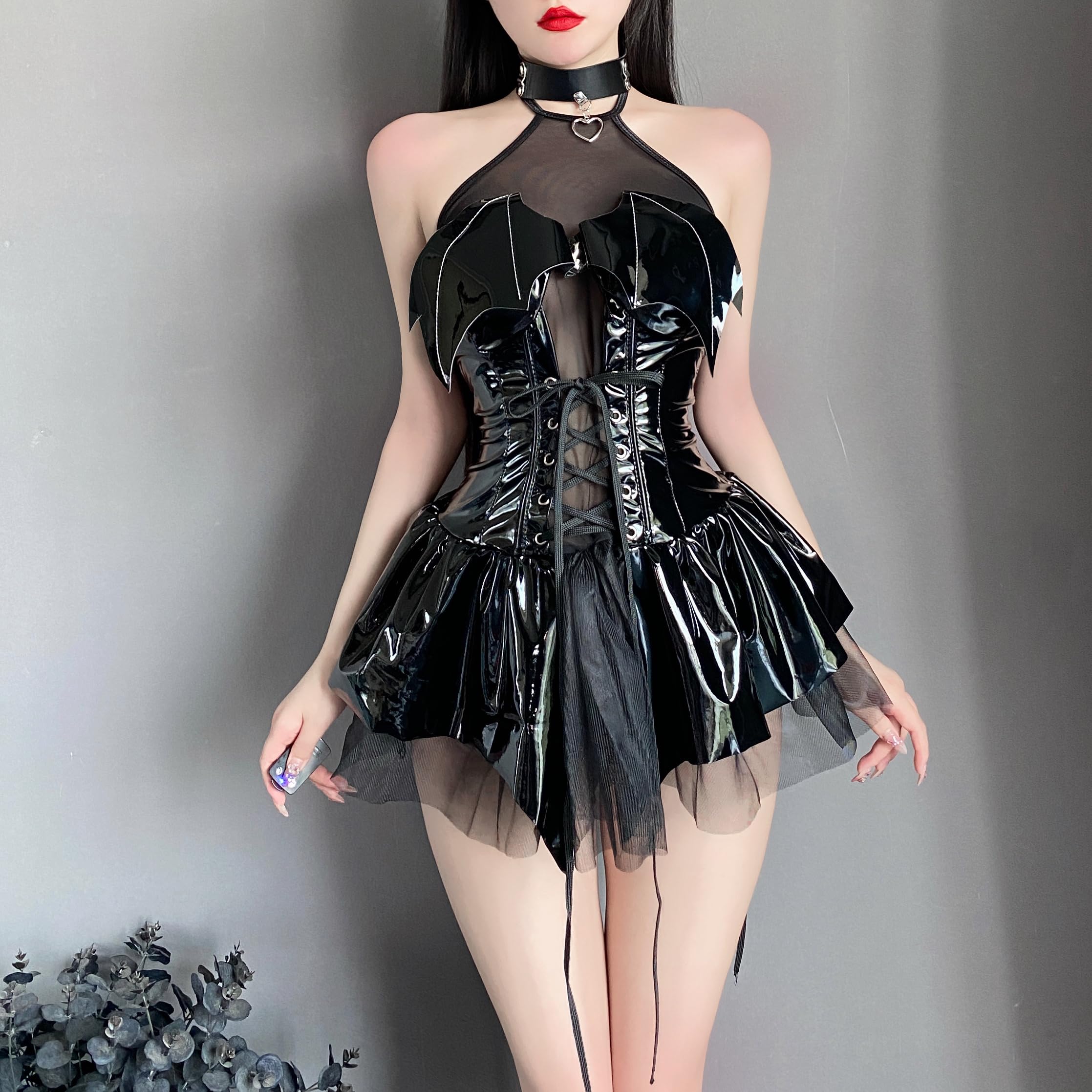 mzenuop Leather Bodysuit for Women Cute Anime Costumes Strap-On Bat Imp Skirt Set.: Black Small/Medium