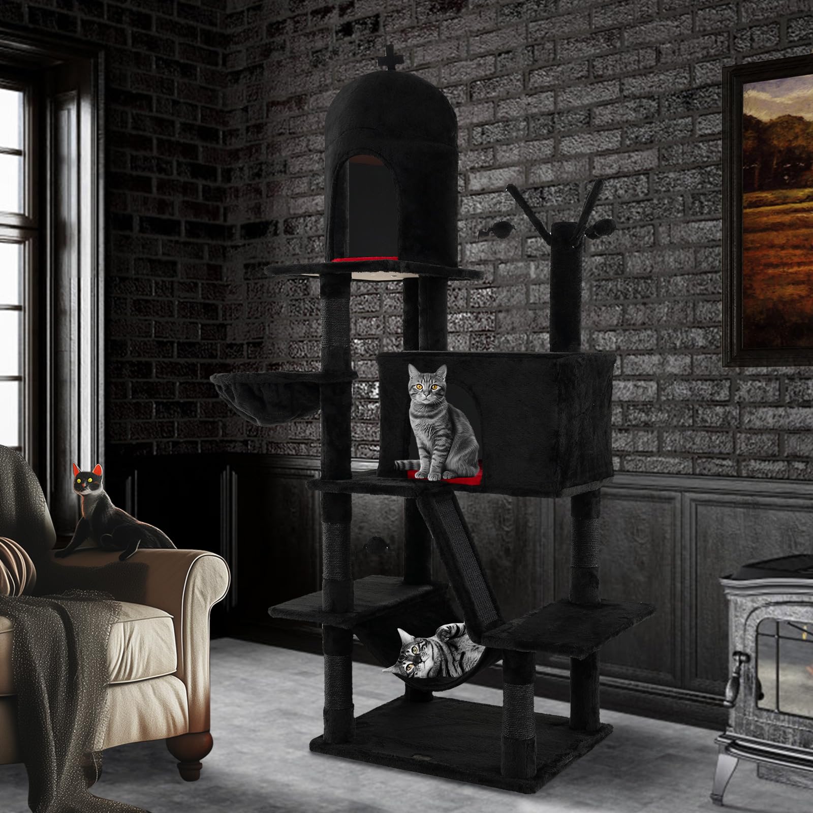 PETSITE 67 inch Tall Gothic Cat Tree, Multi-Level Halloween Cat Tree with Scratching Posts and Ladder, Cat Condos, Spooky Dangling Balls, Hammock, and Basket Bed, Goth Cat Tree for Indoor Cats, Black