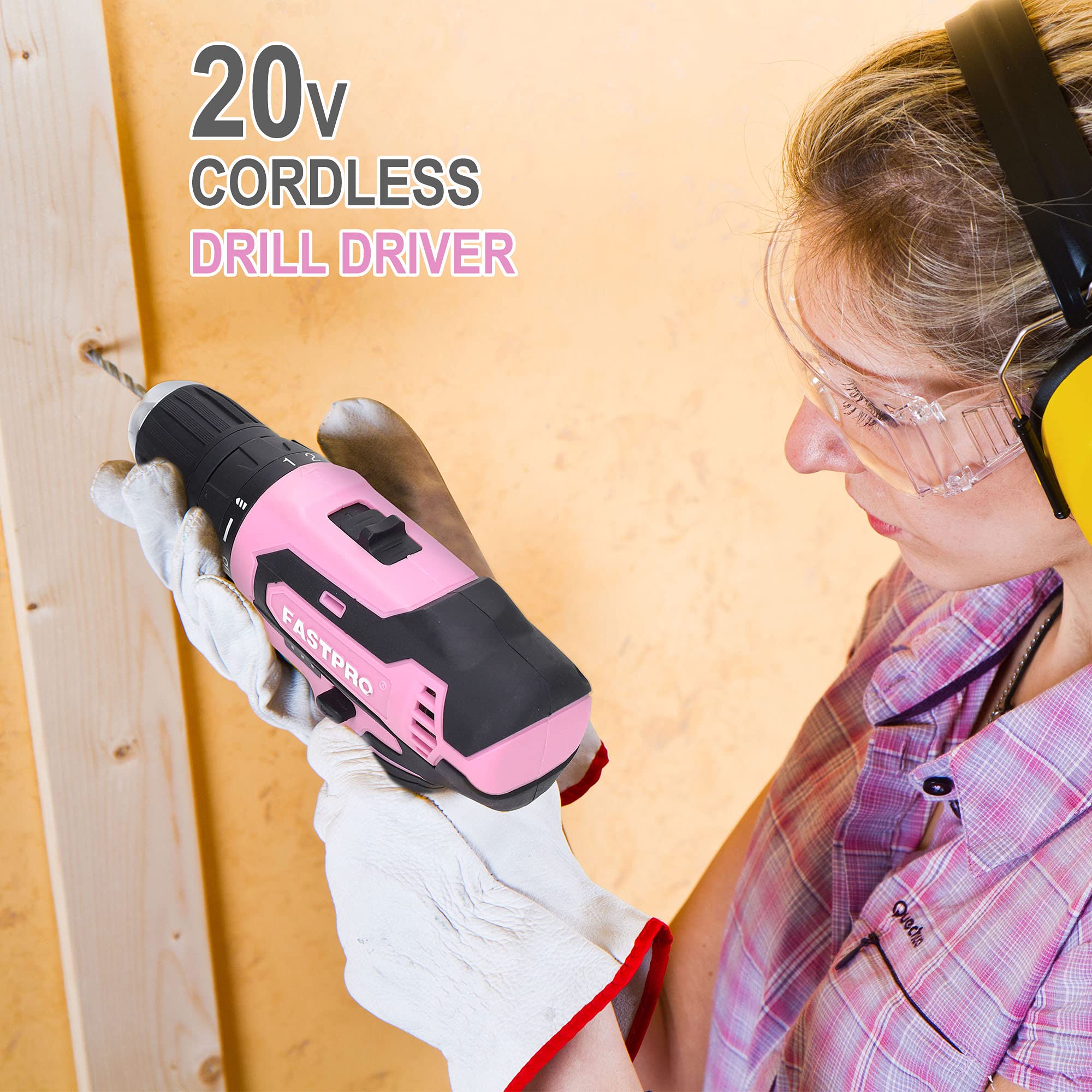 FASTPRO 232-Piece 20V Pink Cordless Lithium-ion Drill Driver and Home Tool Set, Lady's Repairing Kit with 12-Inch Wide Mouth Open Storage Bag