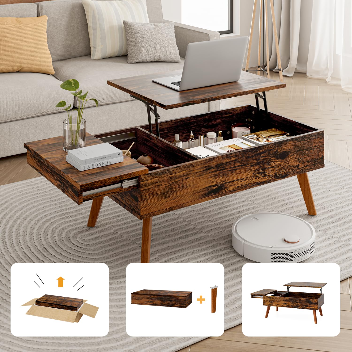 Bidiso Lift Top Coffee Table - Ten Minute Install Center Table with Hidden Storage, Rising Tabletop for Living Room,: Rustic Brown