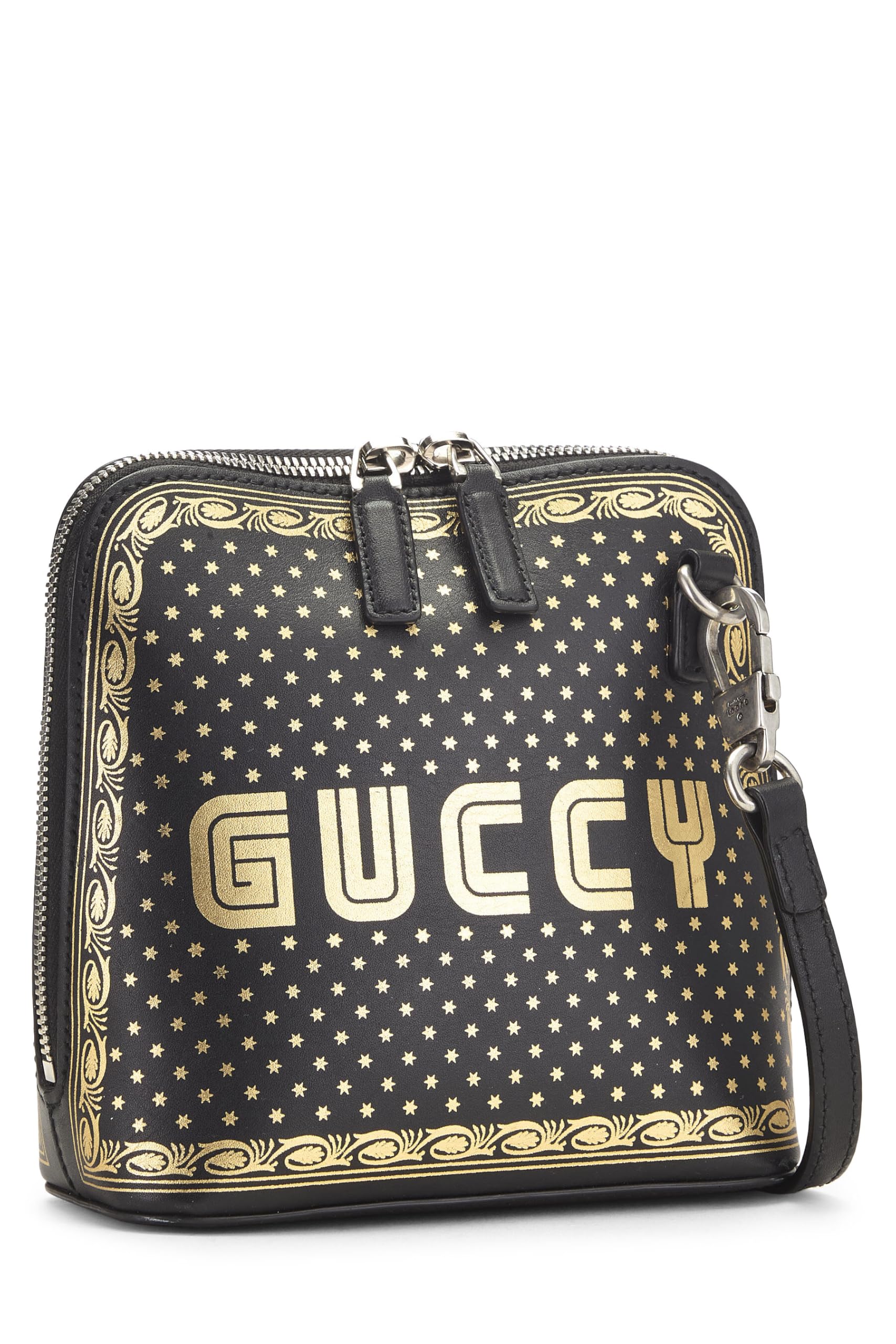 Gucci, Pre-Loved Black Leather Guccy Moon & Stars Dome Crossbody Mini, Black