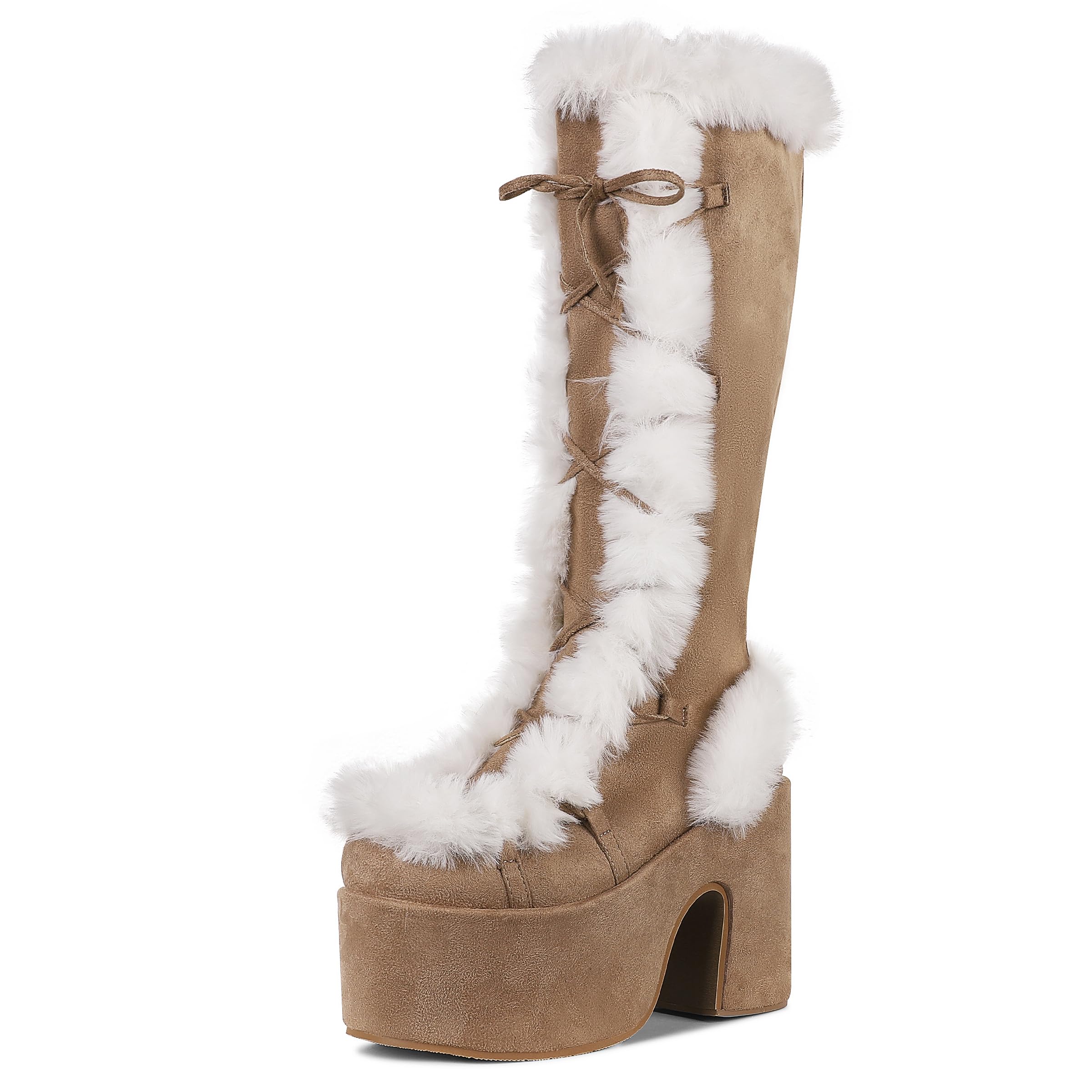 CELNEPHO Knee High Boots For Womens Side Zipper Warm Faux Fur Platform Chunky Heel Punk Goth Walking Winter Snow Boots