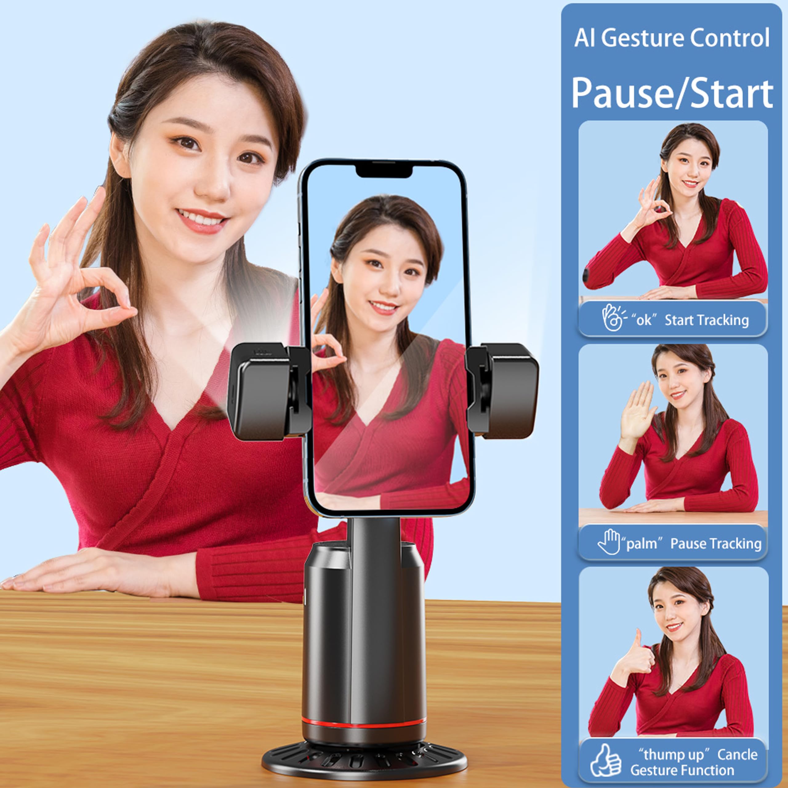 MQOUNY Auto Face Tracking Phone Holder, 360° Rotation Face Body Phone Tripod Smart Shooting Camera Mount with Rechargeable Remote and Light for Live Vlog Streaming Video, Rechargeable: Gray