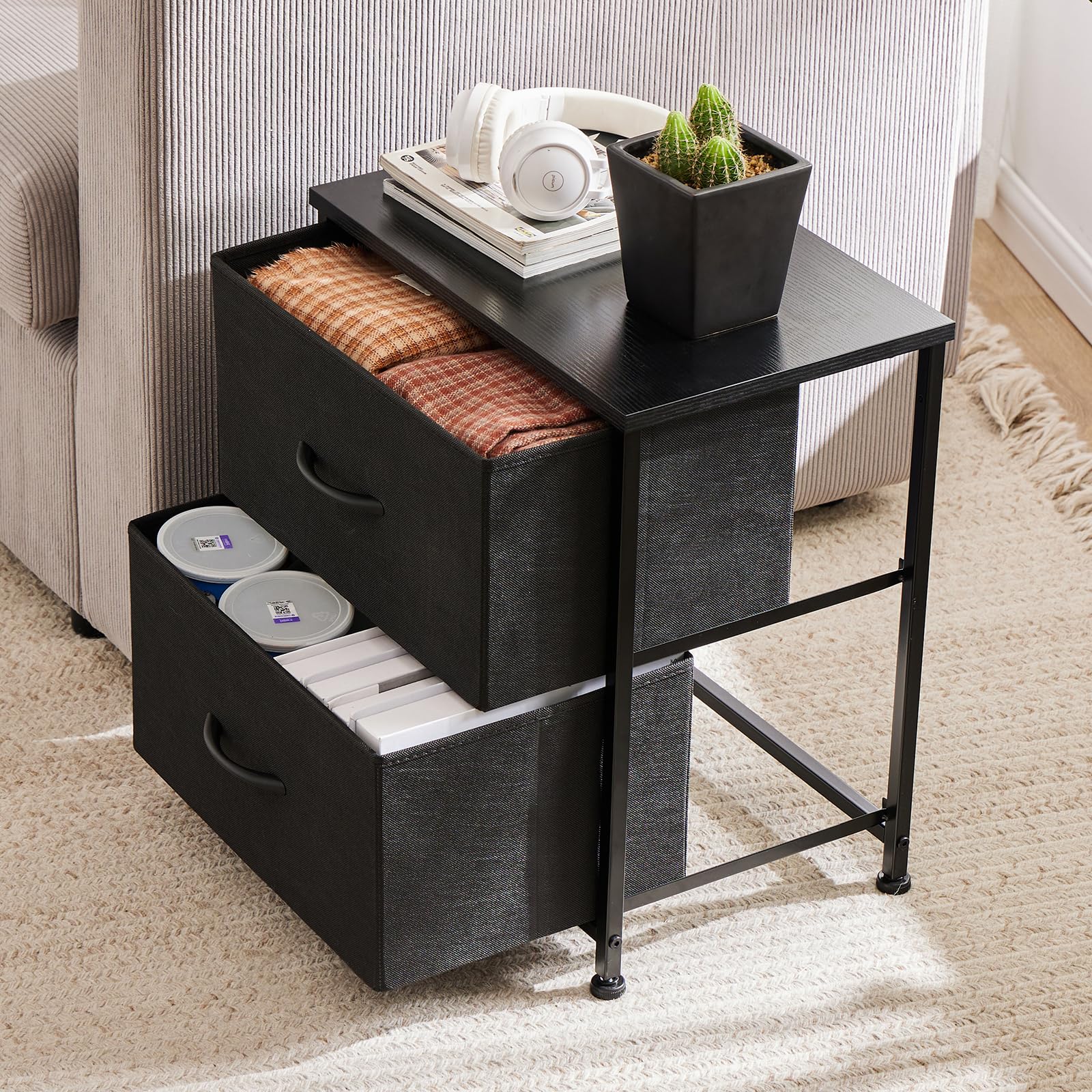 Sweetcrispy Nightstand Set of 2 with 2 Storage Drawers, 20" Height Small Bed Side Furniture End Table, Wooden Top Fabric Cabinet Kids Mini Dresser for Bedroom, Closet, Entryway, College Dorm