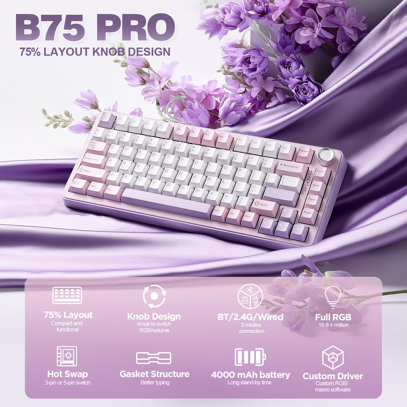 YUNZII B75 PRO Wireless Mechanical Keyboard,75% Layout with Knob,Hot Swap Gasket Custom Structure,Creamy Pre-lubed Switches,RGB Backlit,Bluetooth/Type-C/2.4G for Win/Mac(Milk Switch,Purple)