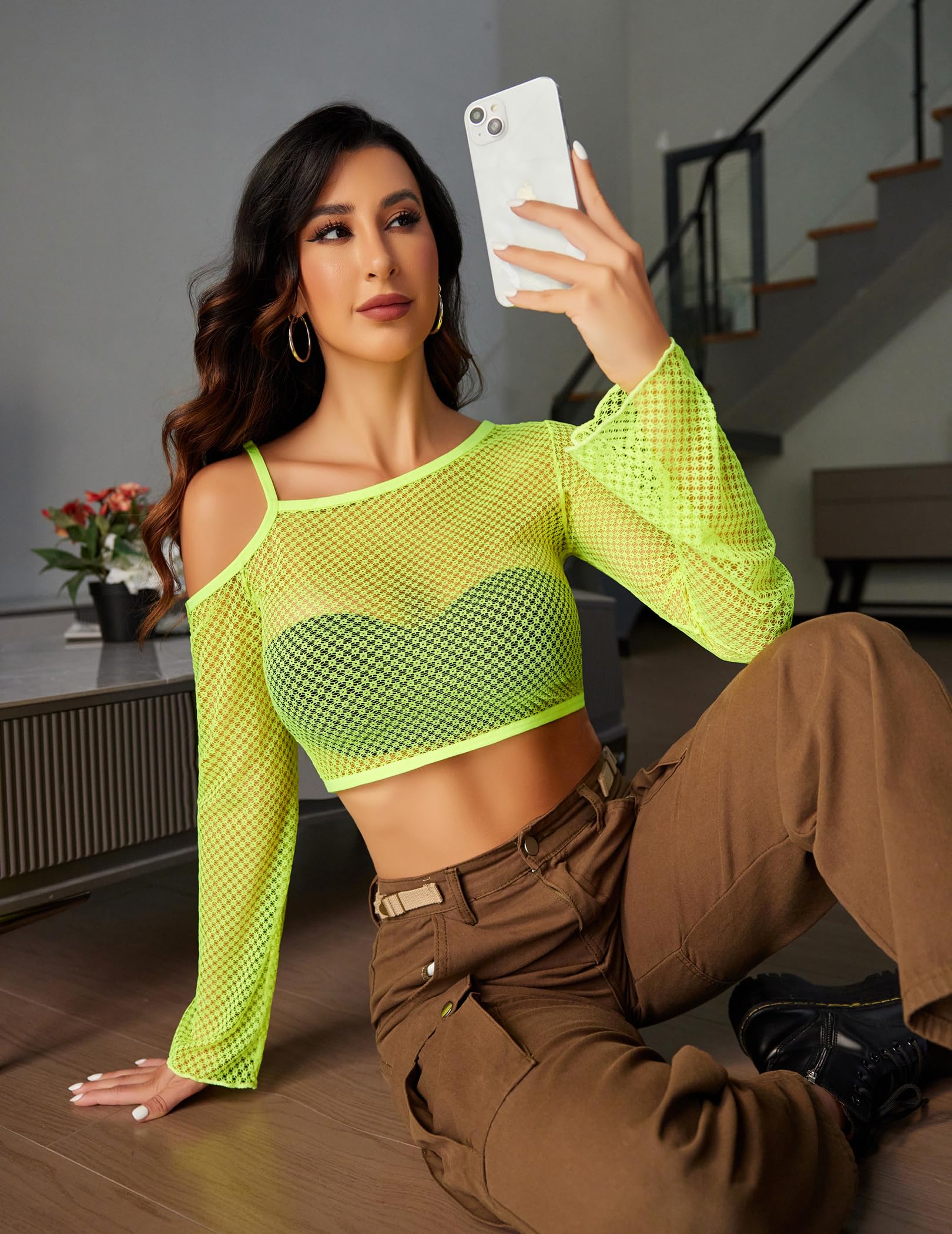 Avidlove Mesh Crop Tops for Women Long Sleeve Fishnet Shirt See Through Tops Rave Outfits Party Clubwear: Neon Green Small