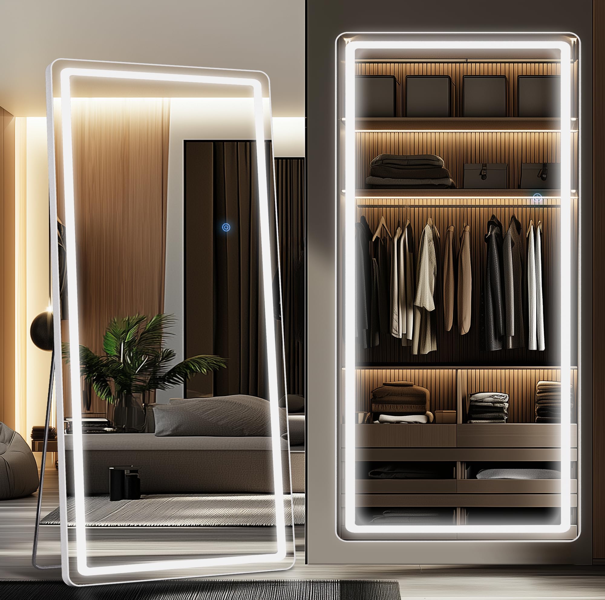 Antok LED Full Length Mirror, 71" x 28" Lighted Floor Standing LED Mirror Full Length,Hanging Mirrors with Stand Free Standing Floor Mirrors for Bedroom (Rect): 59"L x 22"W Rect Style White