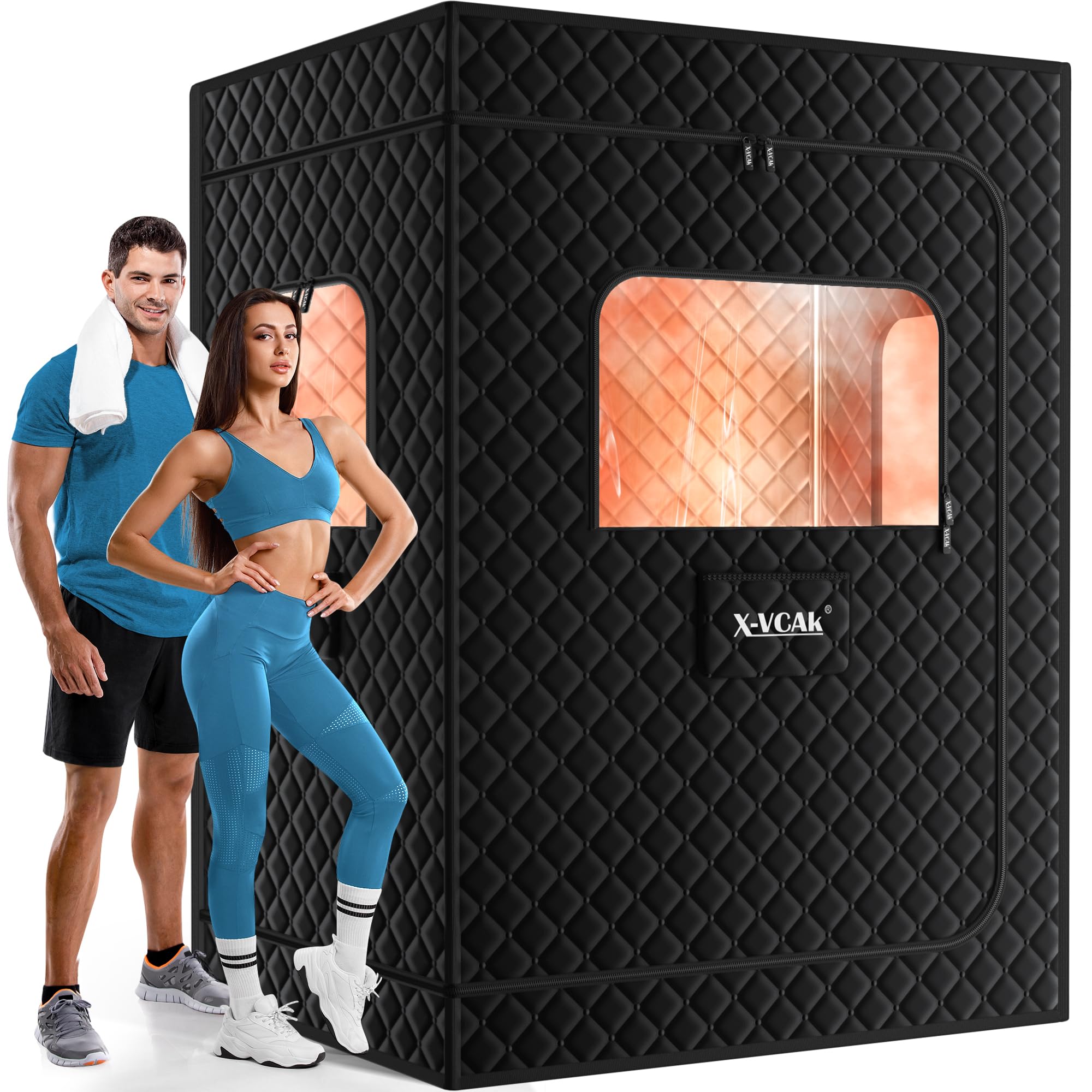 X-Vcak 2 Person Sauna, Extra Large Sauna Box, Portable Steam Sauna Tent with 2 Steamers, 2 Folding Chair, 71”x 49”x 36”, Black thumbnail 1
