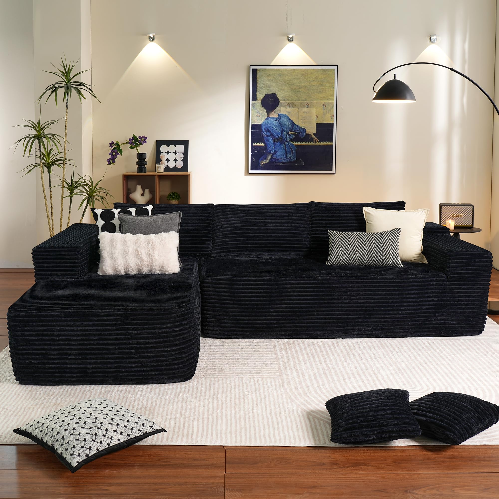 ovios 104" Cloud Sectional Couch with L-Shape Chaise,Modern Modular Sofa with Deep Seat, Upholstered Couches for Living Room Bedroom,No Assembly Required, Green (Cloud Velvet): Black (Plush Corduroy Fabric) L Shape with Left Facing Chaise