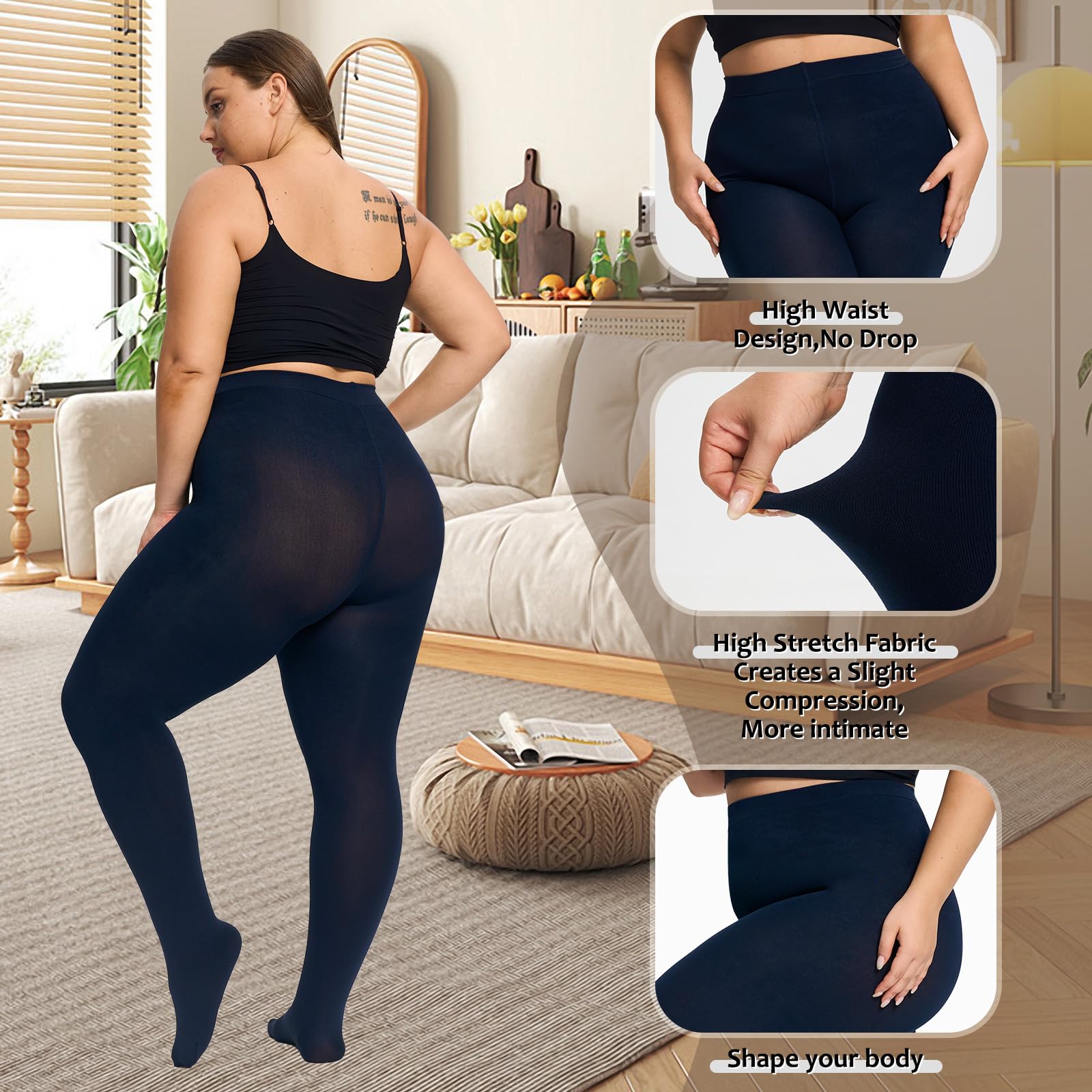 UISLII Plus Size Tights for Women,2 pairs 80D Semi Opaque Tights women,Solid Color Soft High Waist Stockings Size Up to 6XL.: Dark Blue 3X-Large-4X-Large